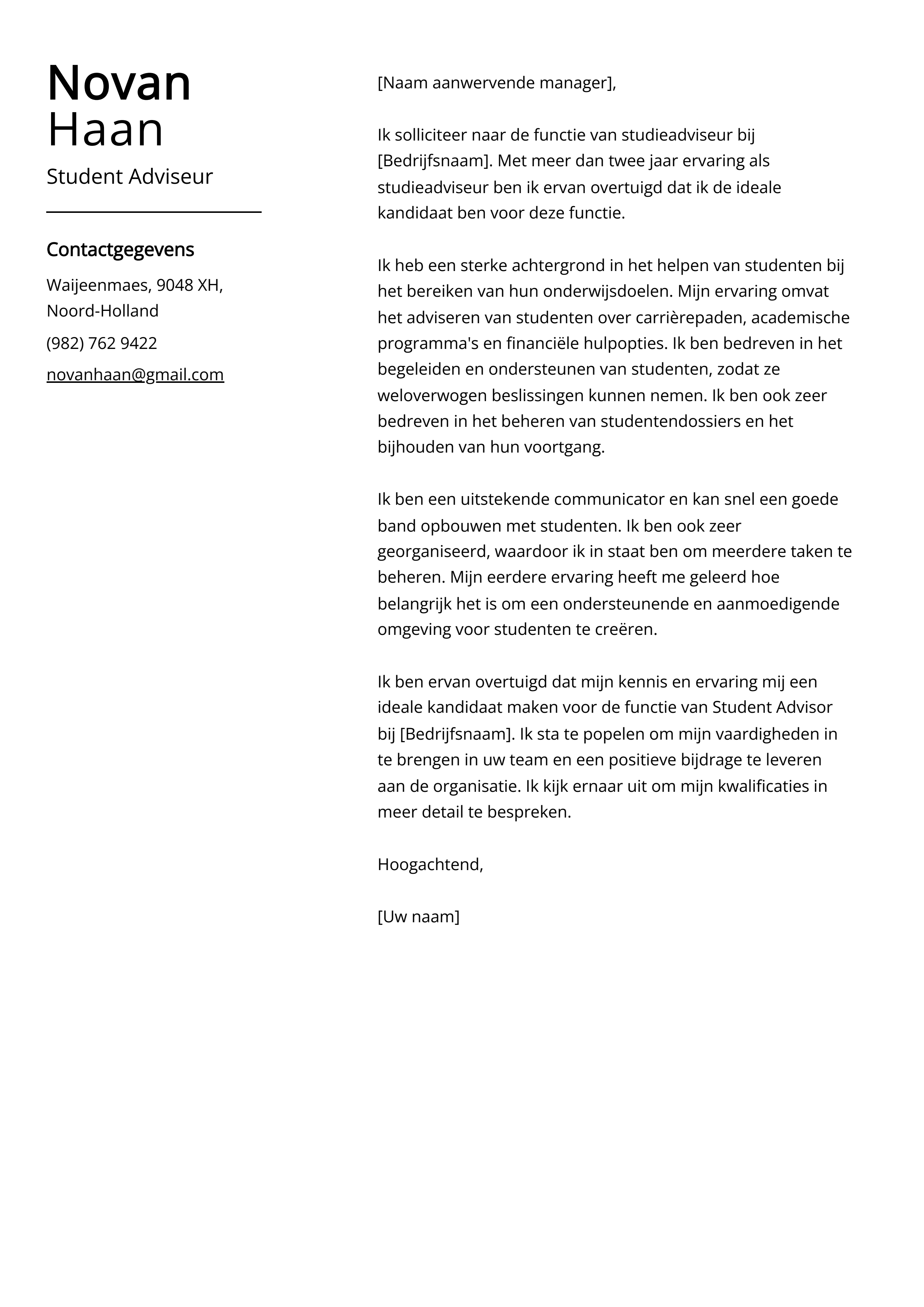 Student Adviseur Sollicitatiebrief Voorbeeld