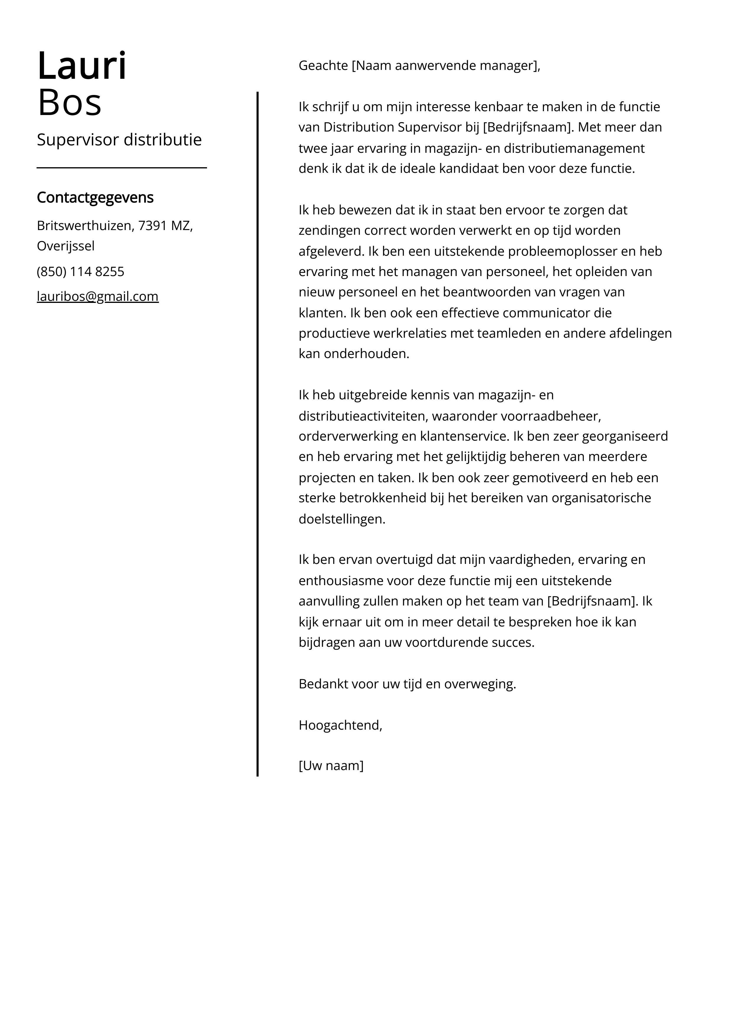 Supervisor distributie sollicitatiebrief voorbeeld