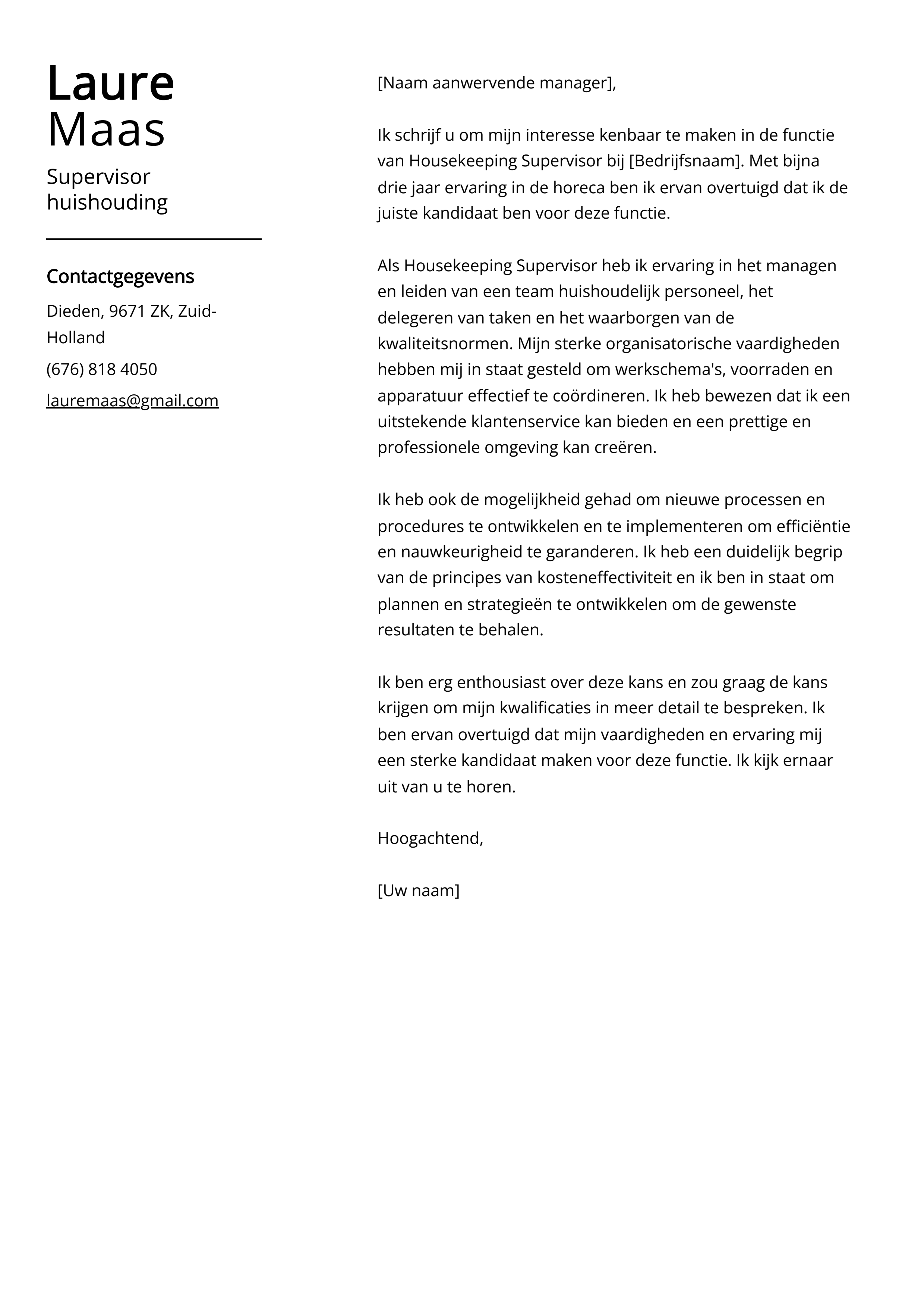 Supervisor huishouding Sollicitatiebrief Voorbeeld