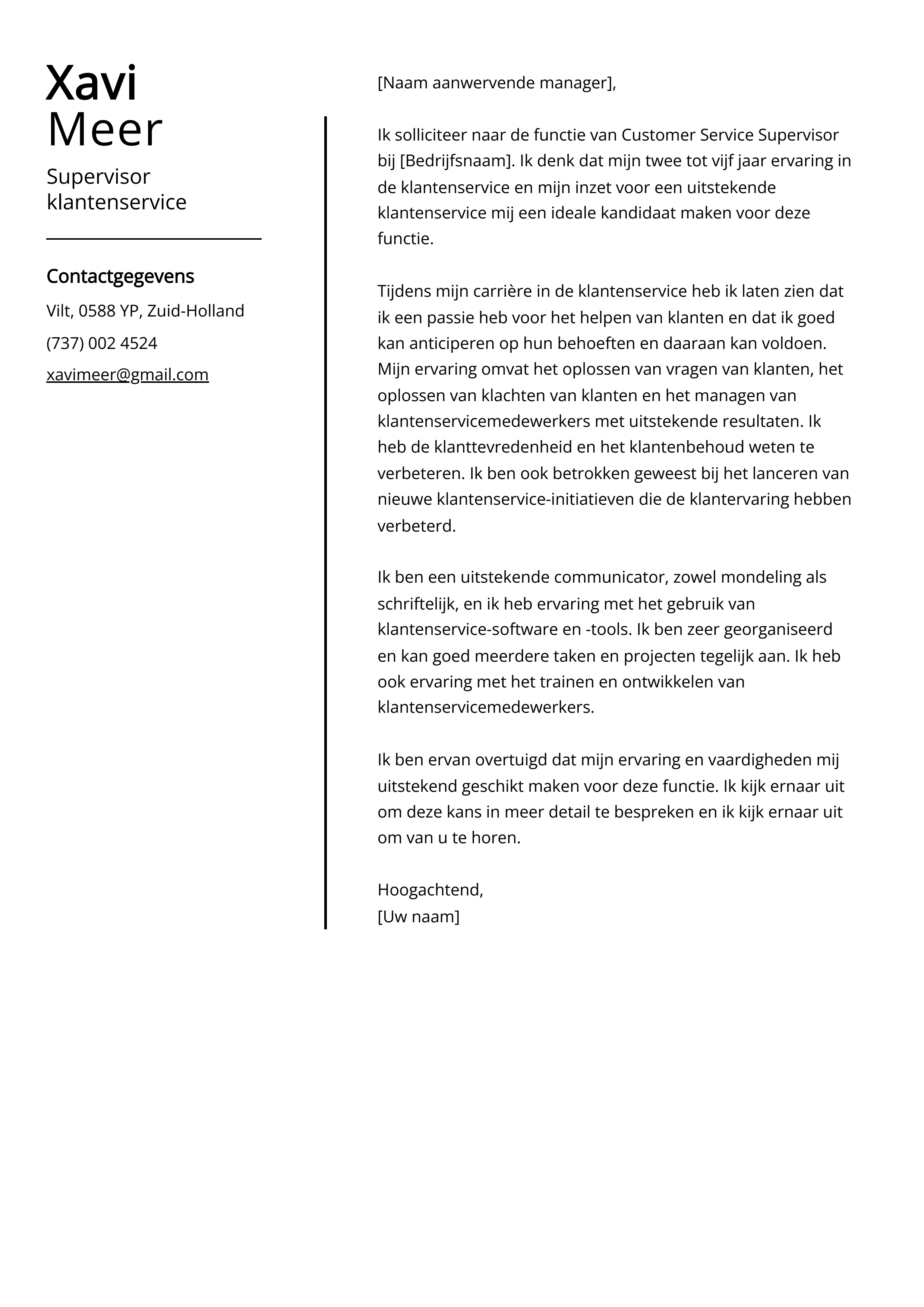 Supervisor klantenservice Cover Letter Voorbeeld