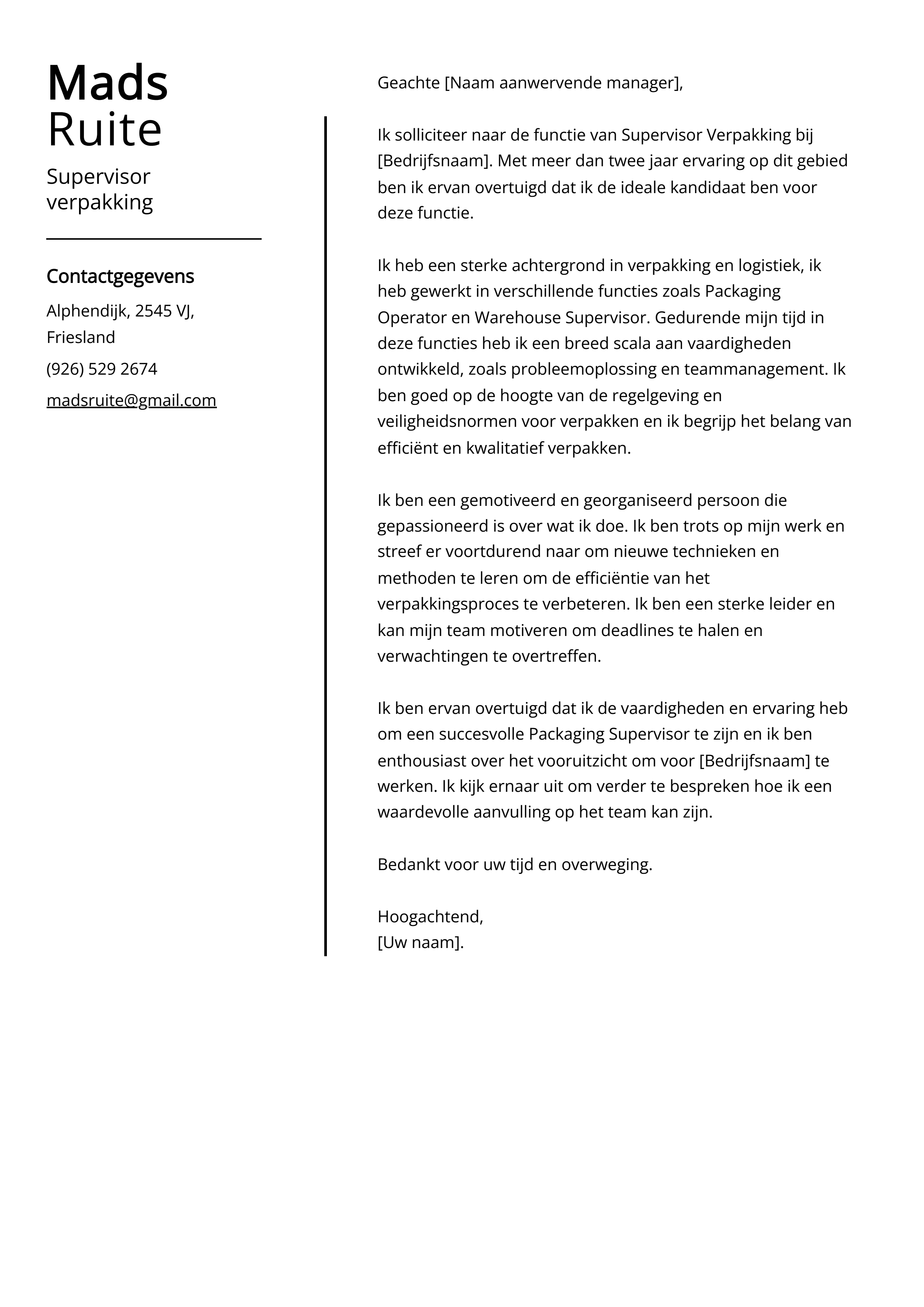 Supervisor verpakking Cover Letter Voorbeeld