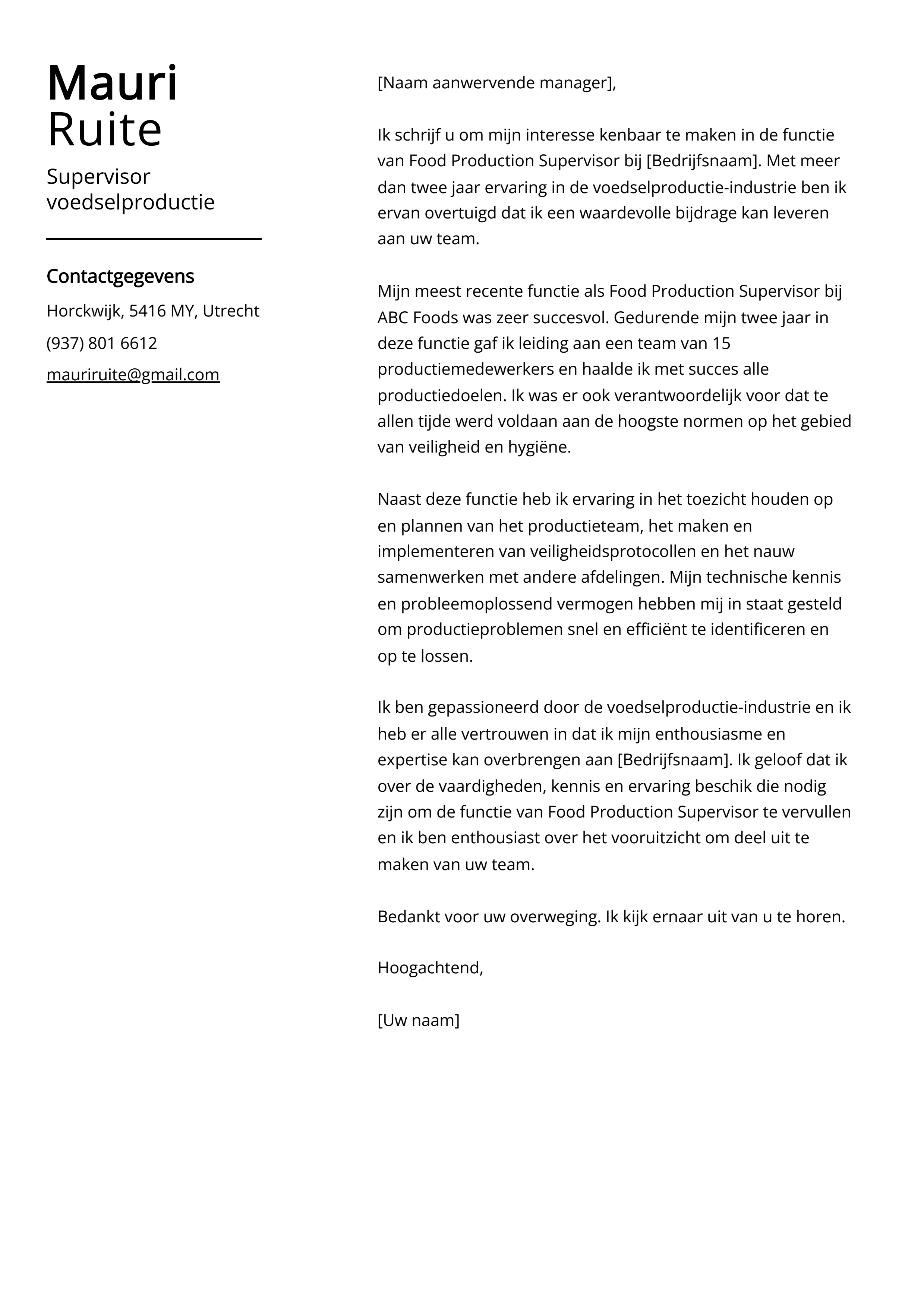 Supervisor voedselproductie Cover Letter Voorbeeld