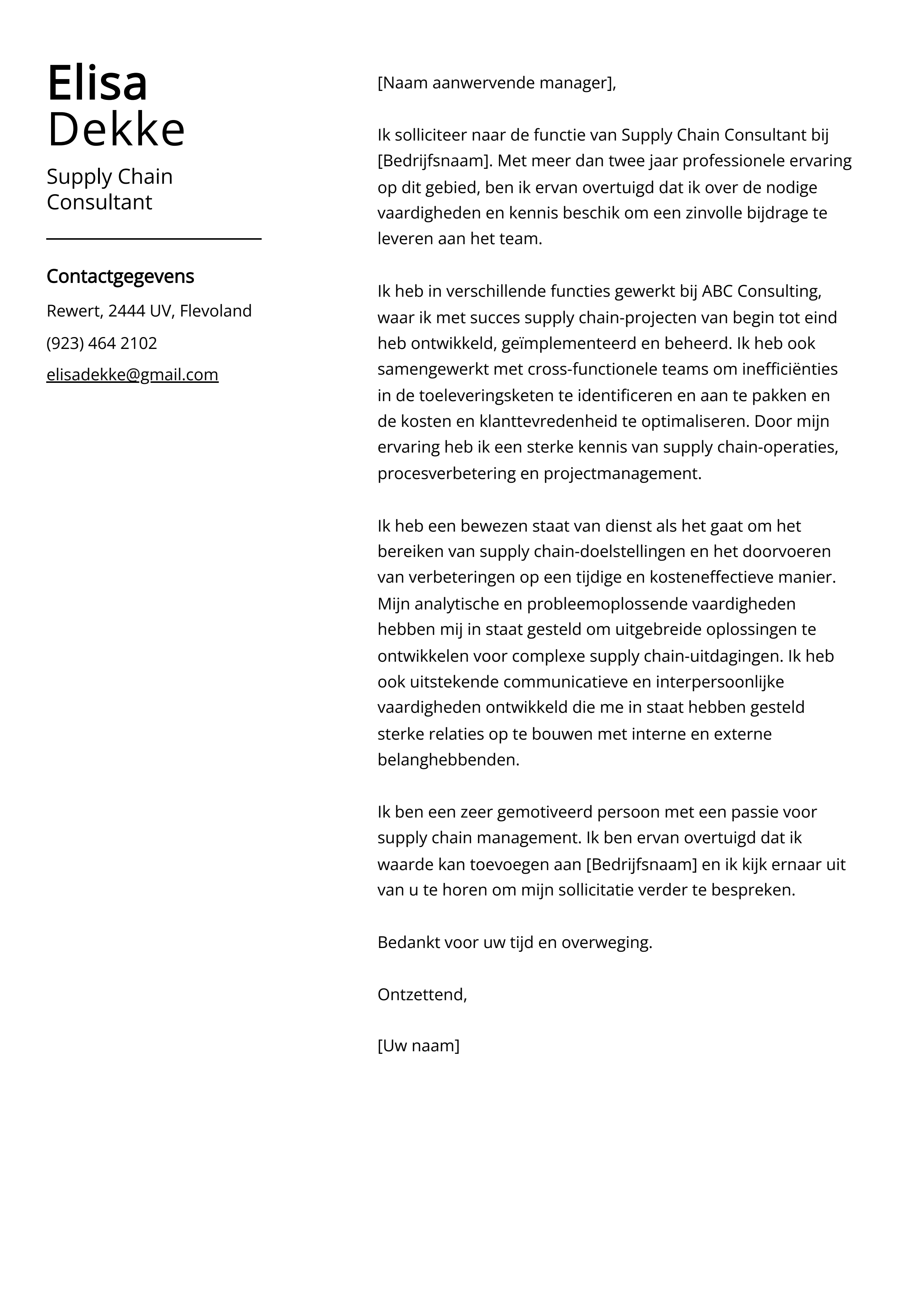 Supply Chain Consultant Voorbeeld sollicitatiebrief