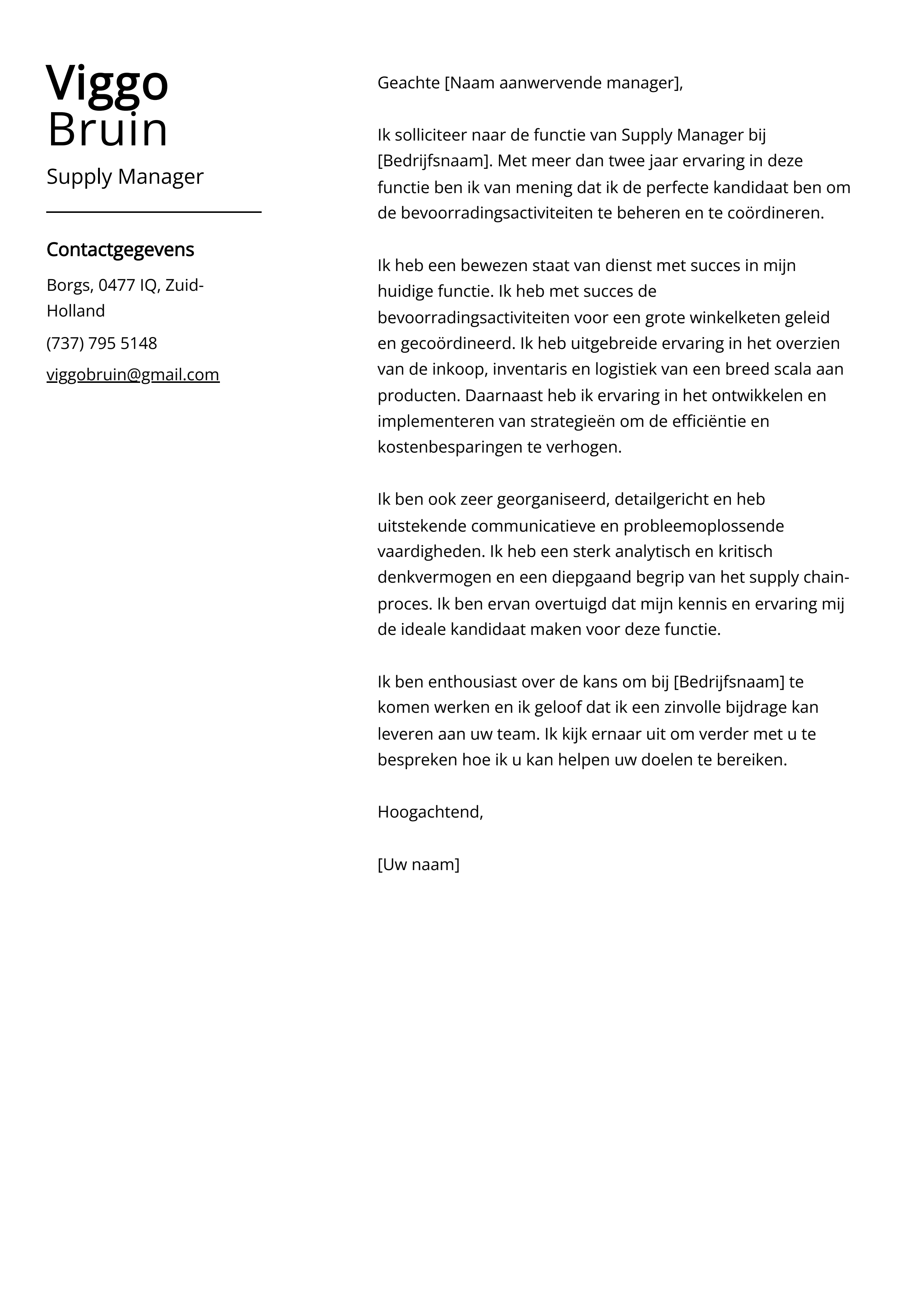 Supply Manager Voorbeeld sollicitatiebrief