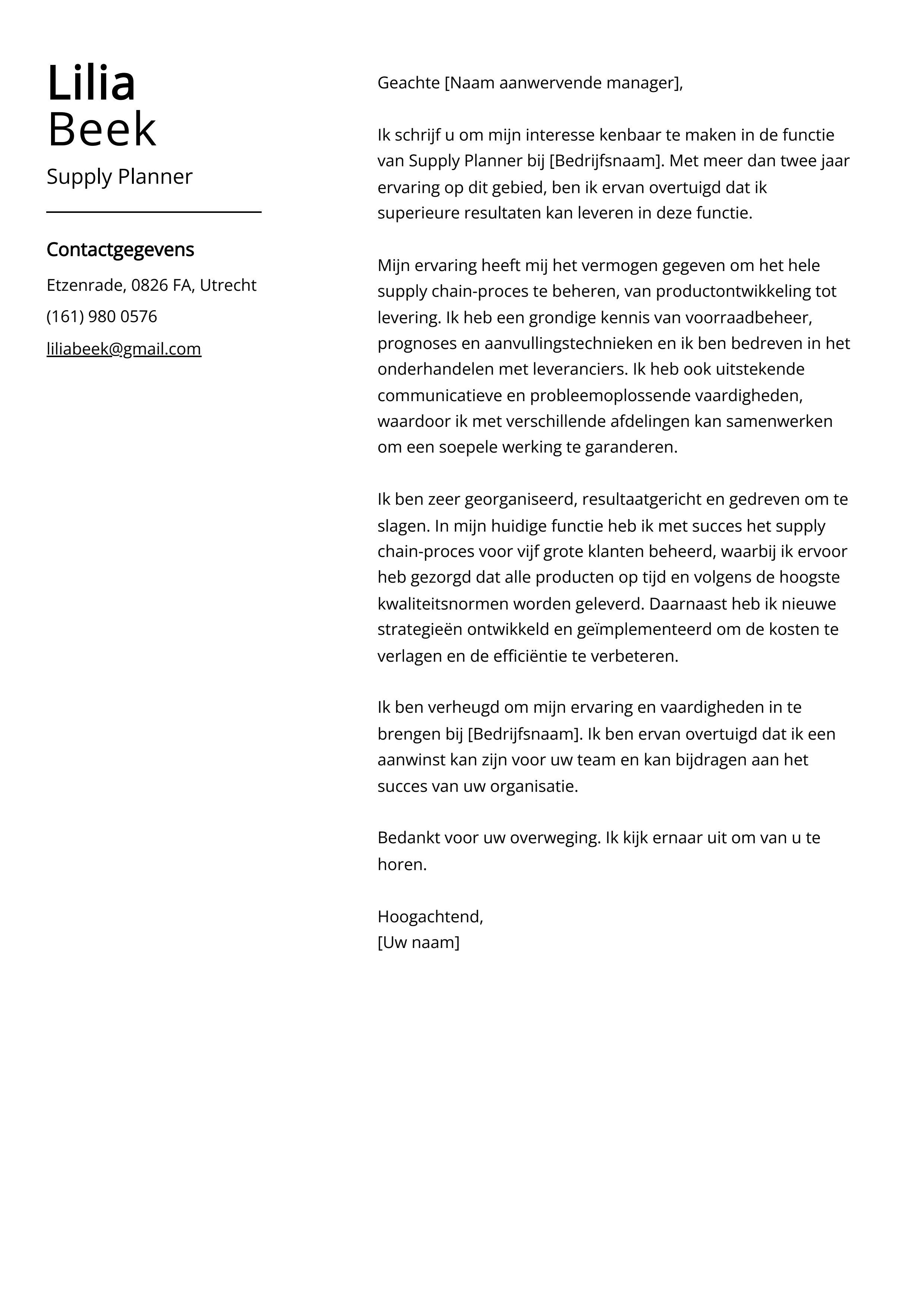 Supply Planner Voorbeeld sollicitatiebrief