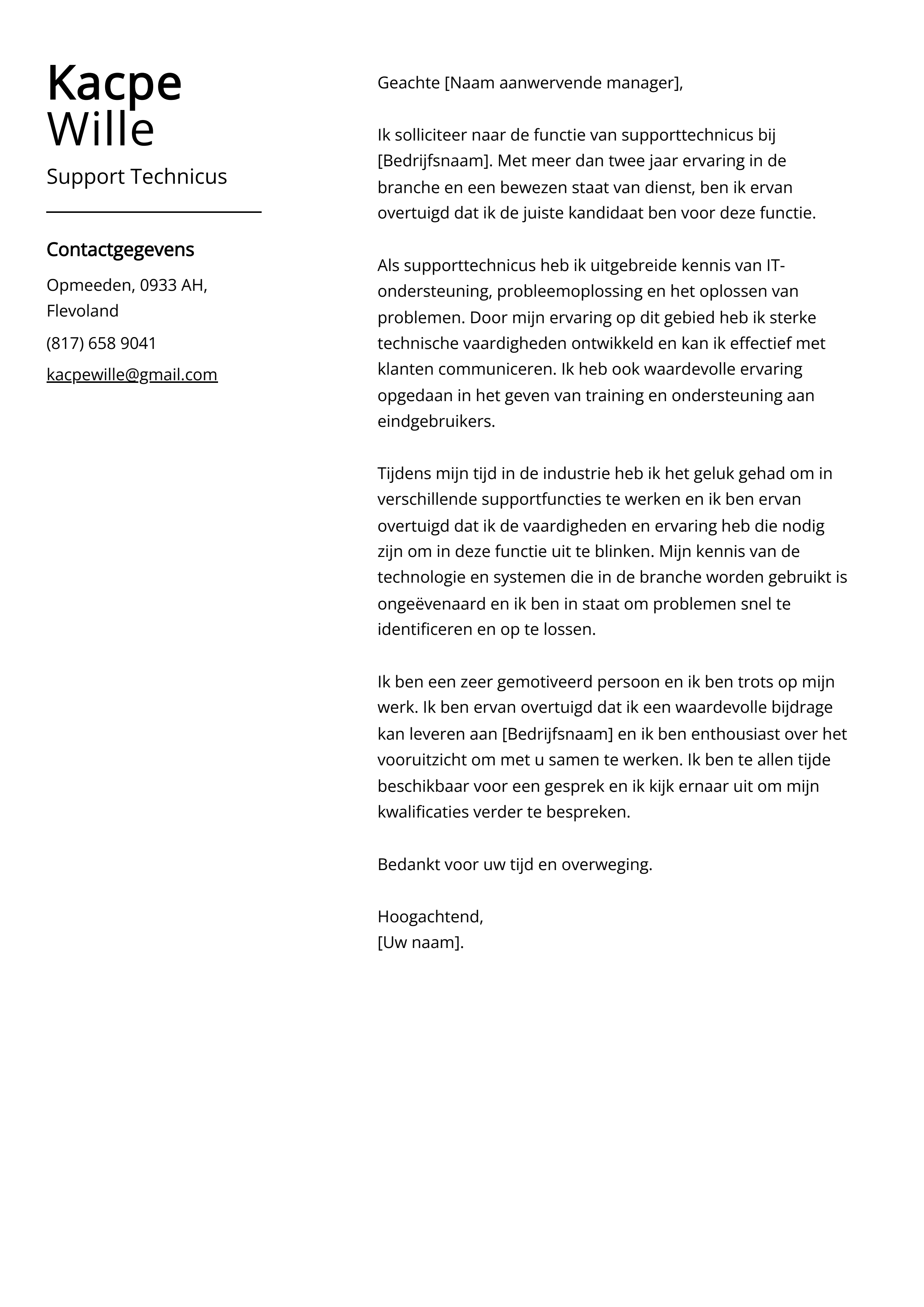 Support Technicus Sollicitatiebrief Voorbeeld