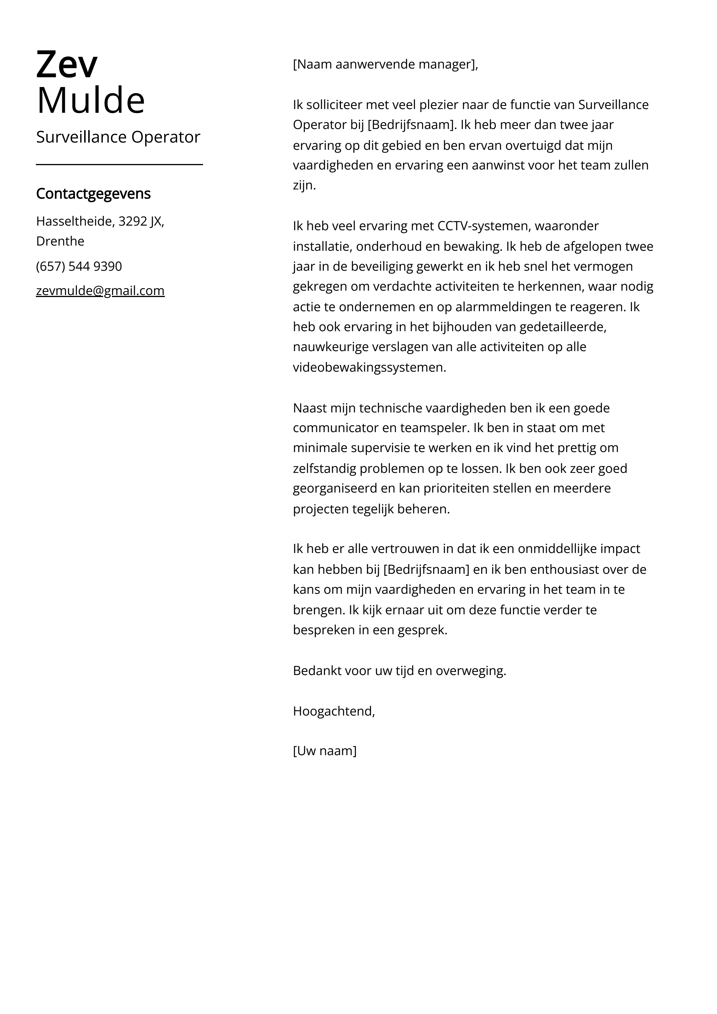 Surveillance Operator Voorbeeld sollicitatiebrief