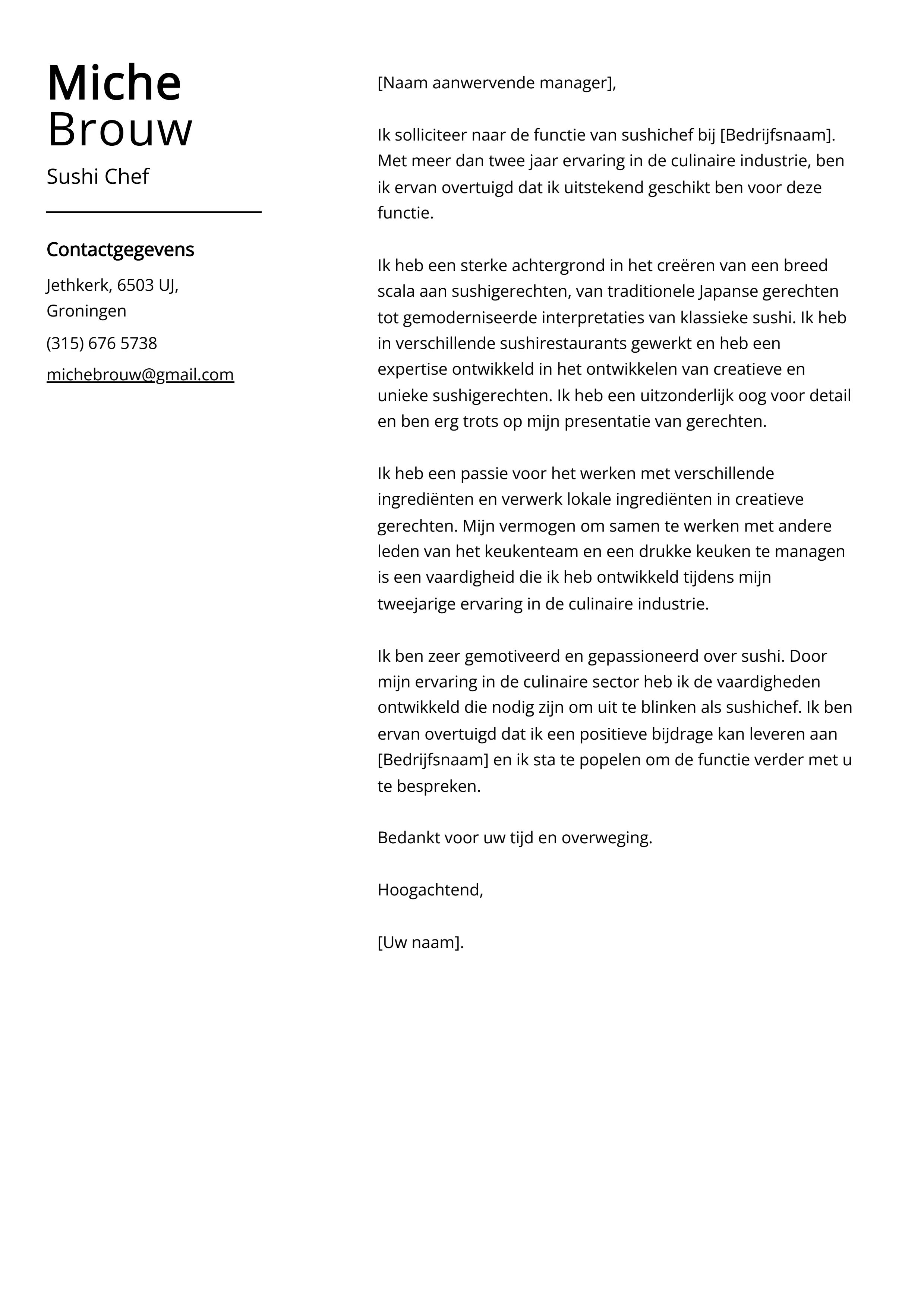 Sushi Chef Voorbeeld sollicitatiebrief