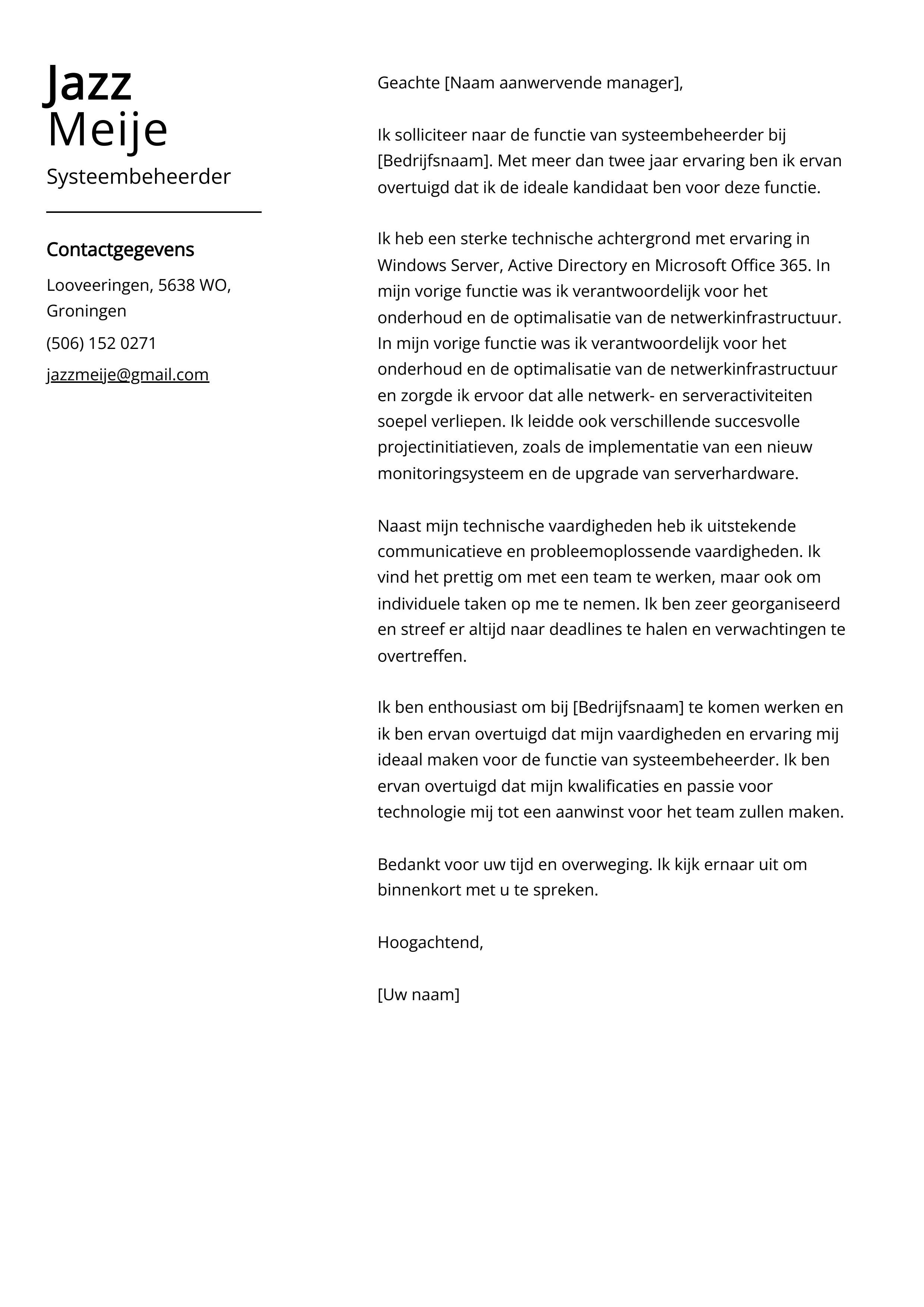 Voorbeeld sollicitatiebrief systeembeheerder