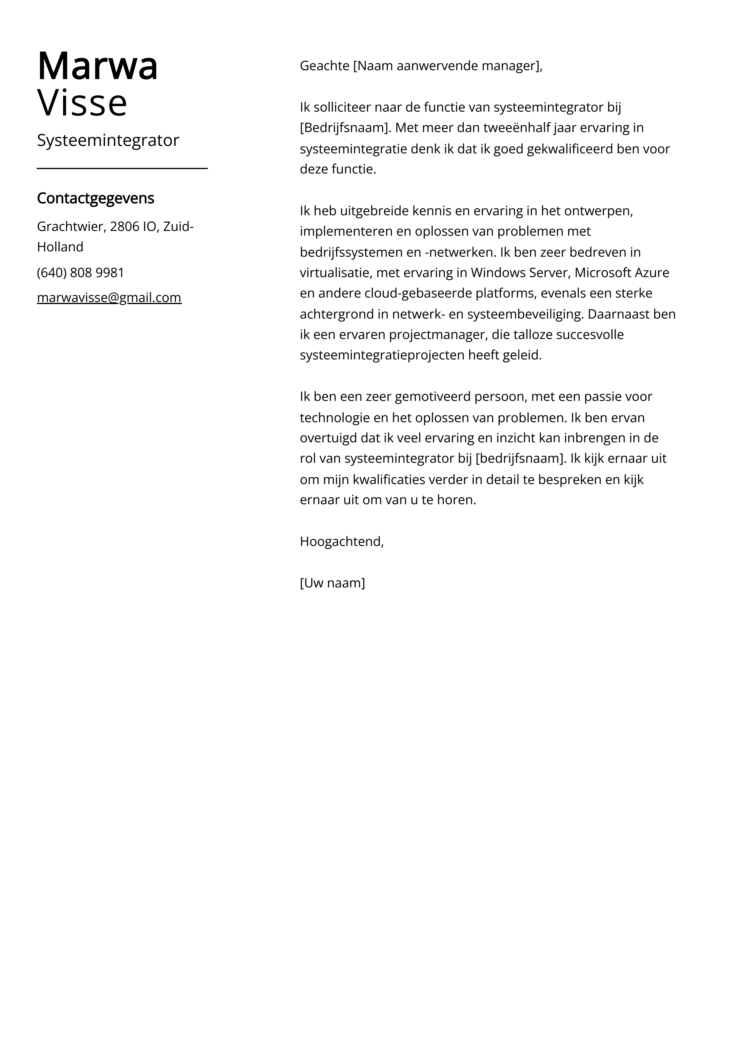 Systeemintegrator Cover Letter Voorbeeld