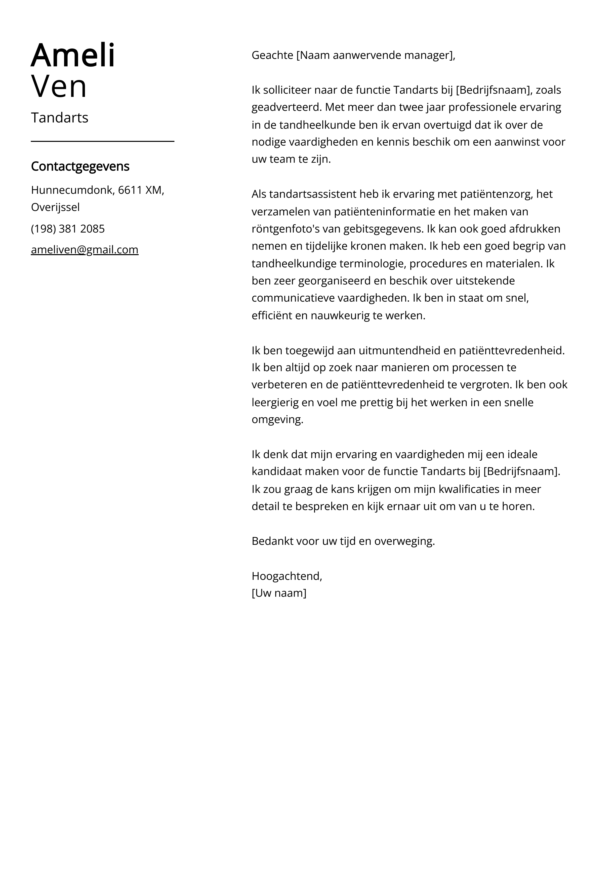 Tandarts sollicitatiebrief voorbeeld