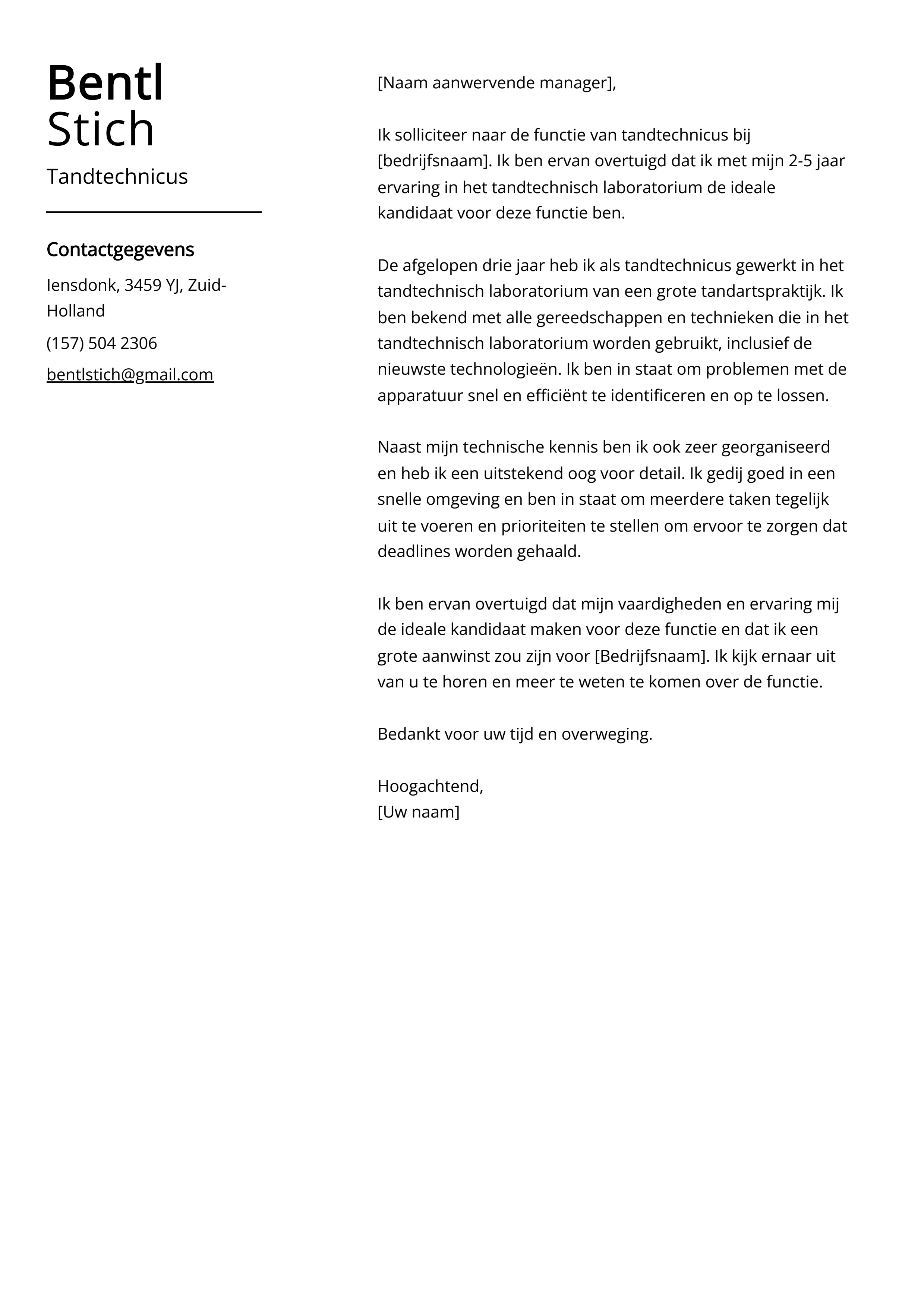 Tandtechnicus Sollicitatiebrief Voorbeeld