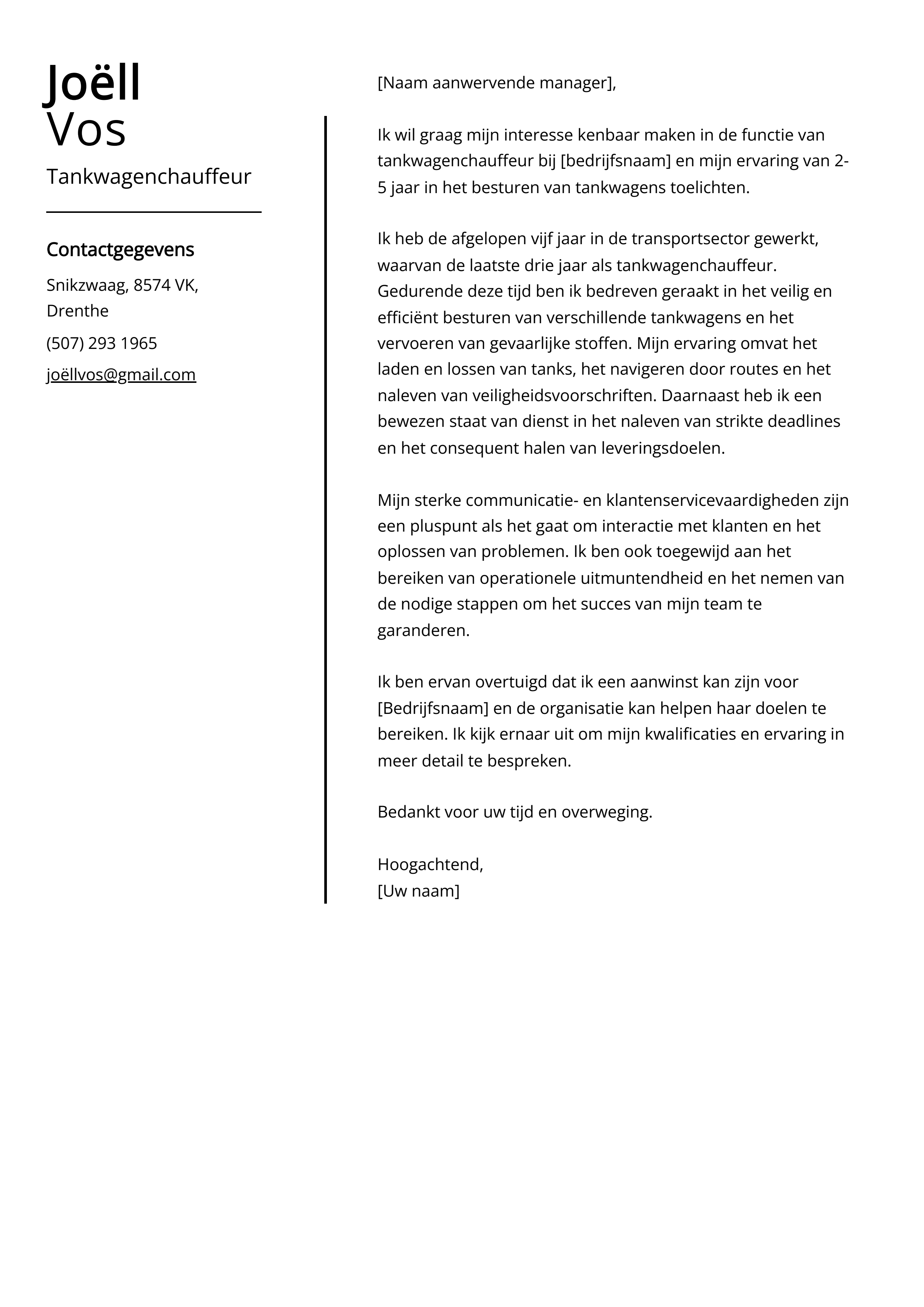 Tankwagenchauffeur Voorbeeld sollicitatiebrief