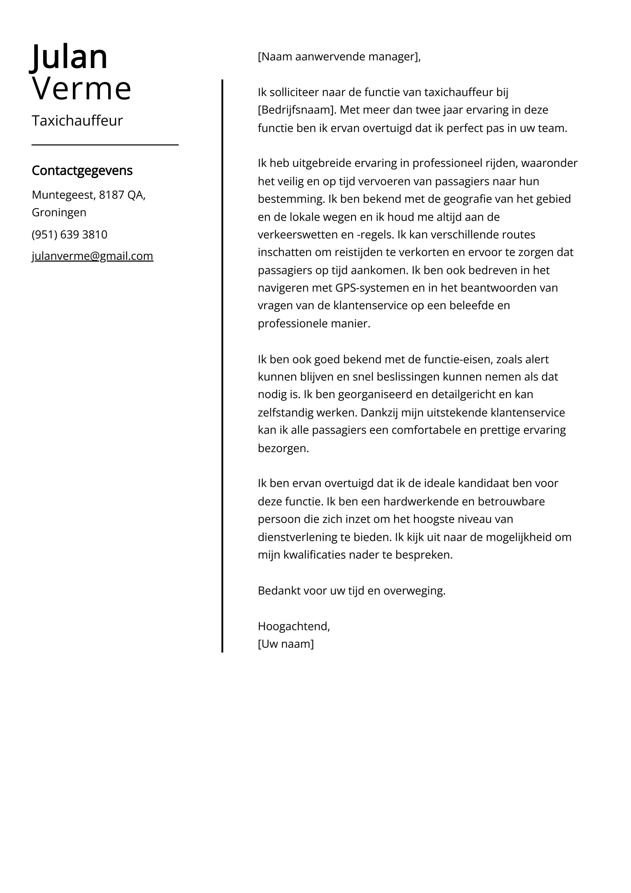 Taxichauffeur sollicitatiebrief voorbeeld