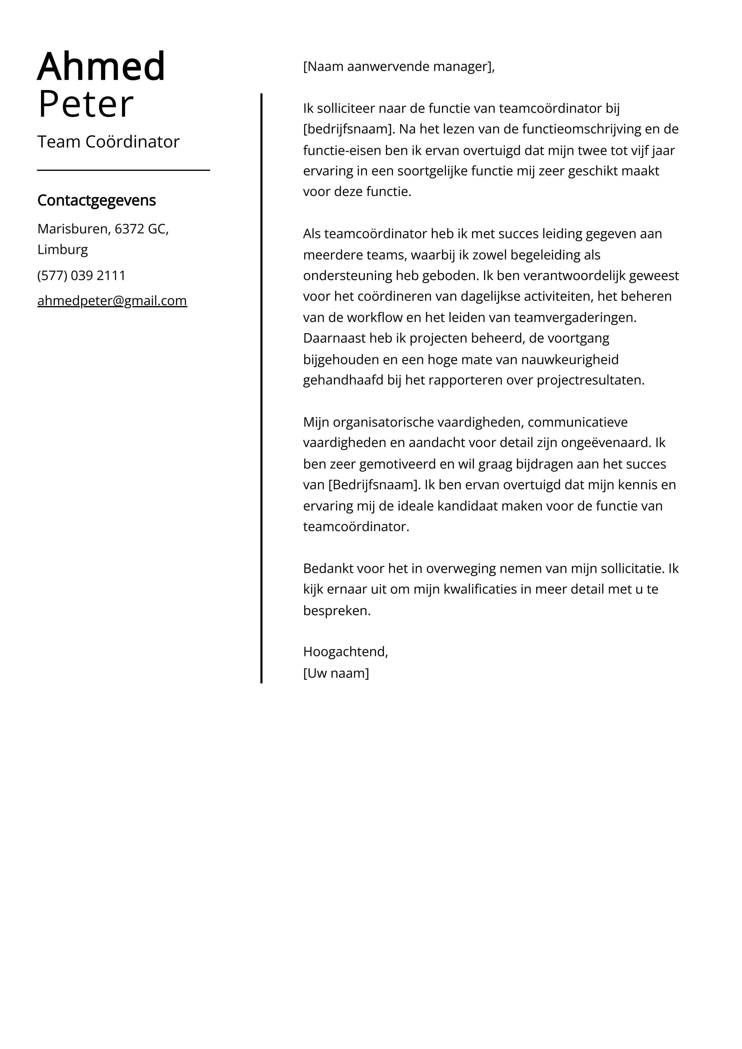 Team Coördinator Voorbeeld sollicitatiebrief