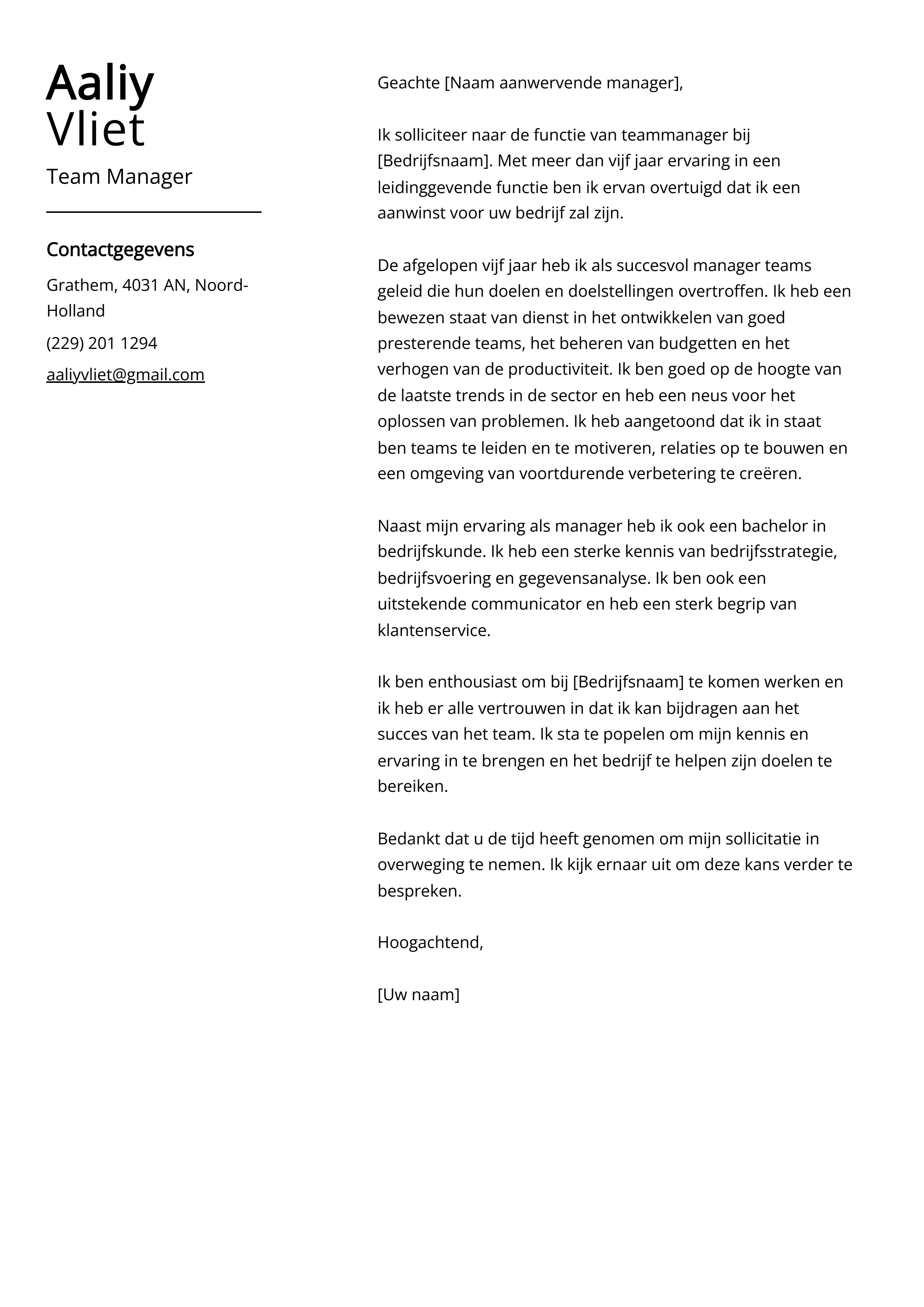 Team Manager Voorbeeld sollicitatiebrief