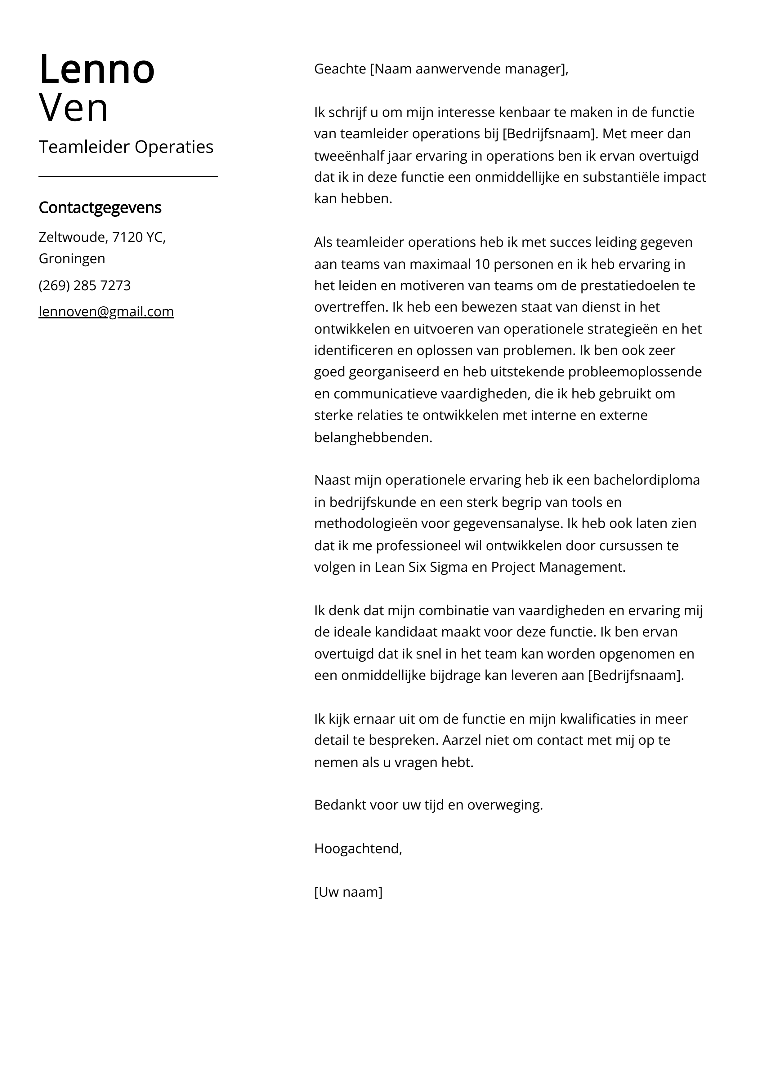 Teamleider Operaties Cover Letter Voorbeeld