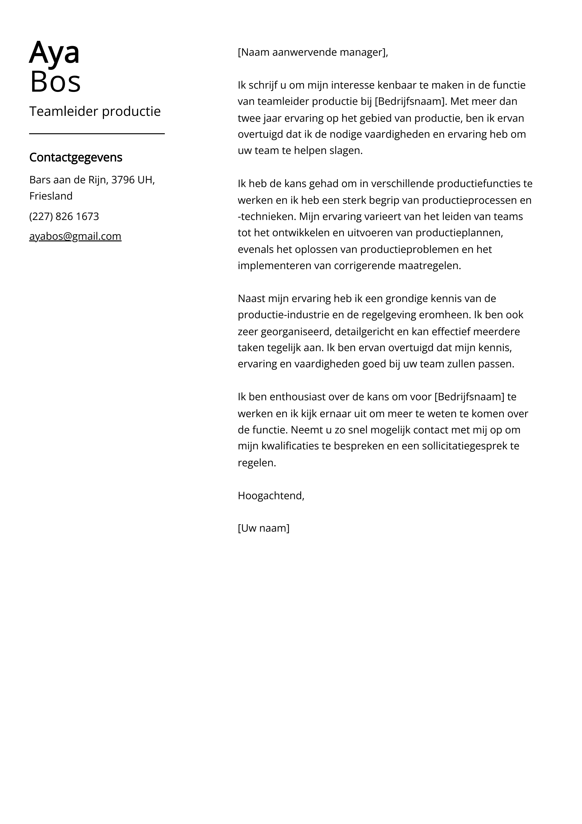 Teamleider productie Cover Letter Voorbeeld