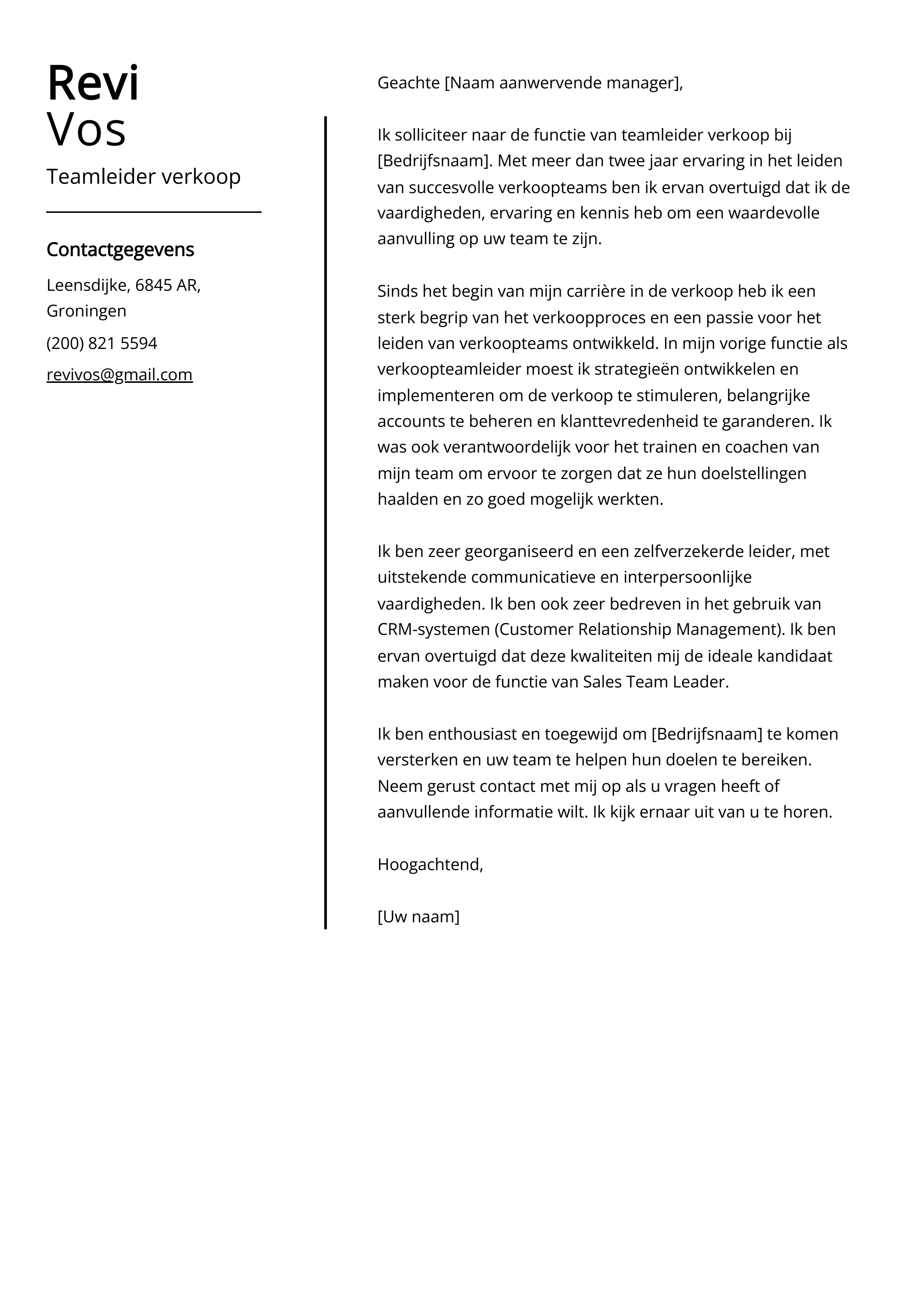 Teamleider verkoop Cover Letter Voorbeeld