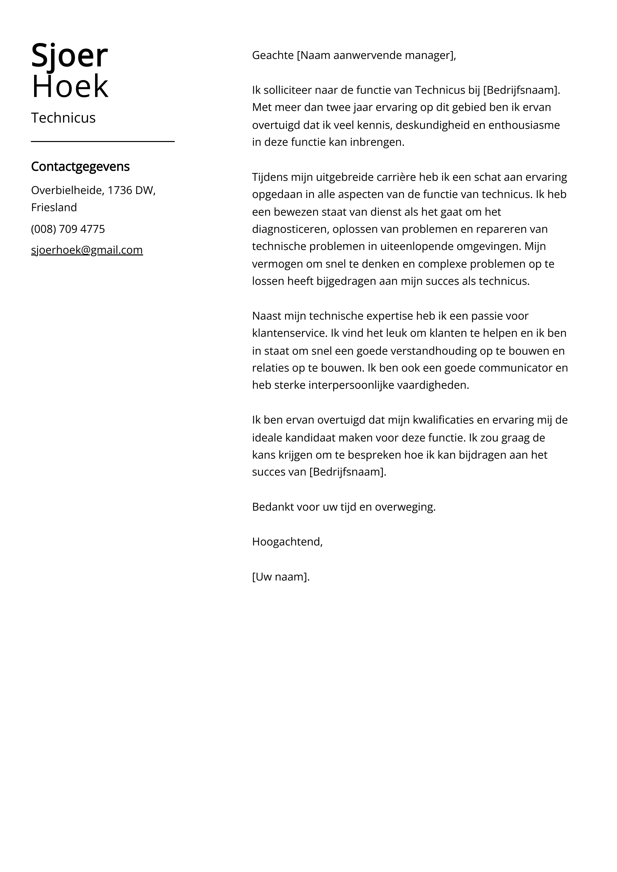 Voorbeeld sollicitatiebrief Technicus