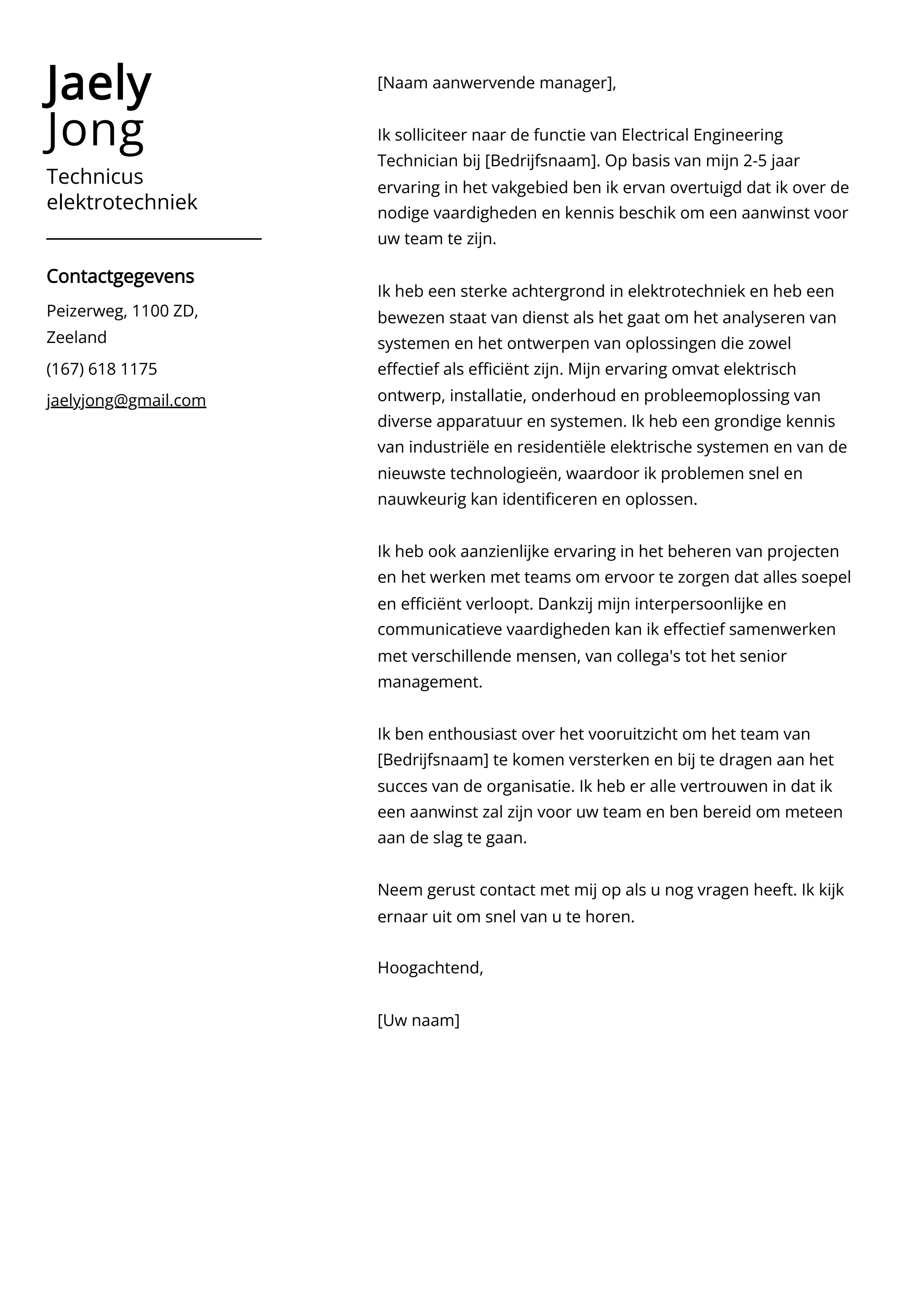 Technicus elektrotechniek Sollicitatiebrief Voorbeeld