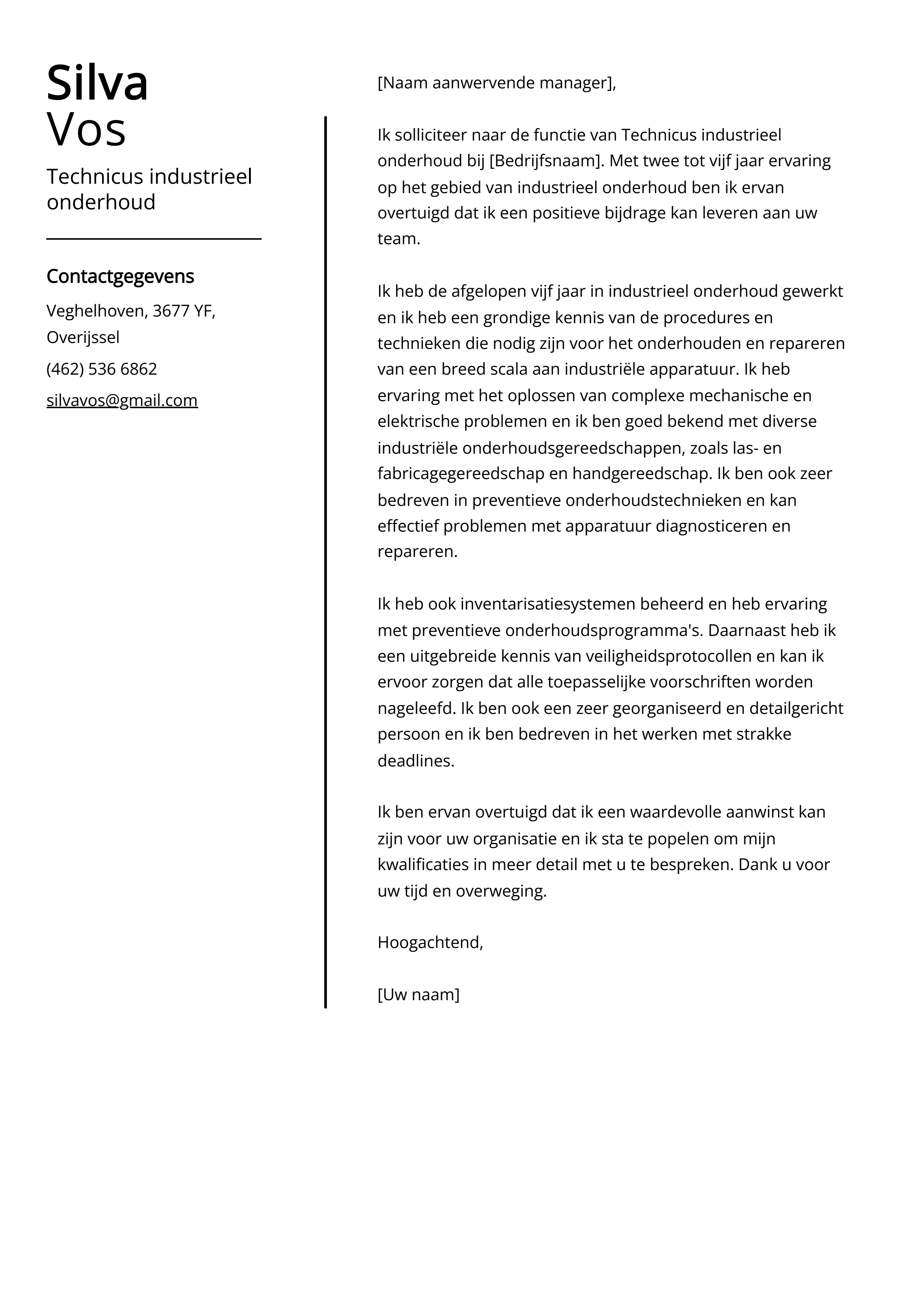 Technicus industrieel onderhoud Cover Letter Voorbeeld