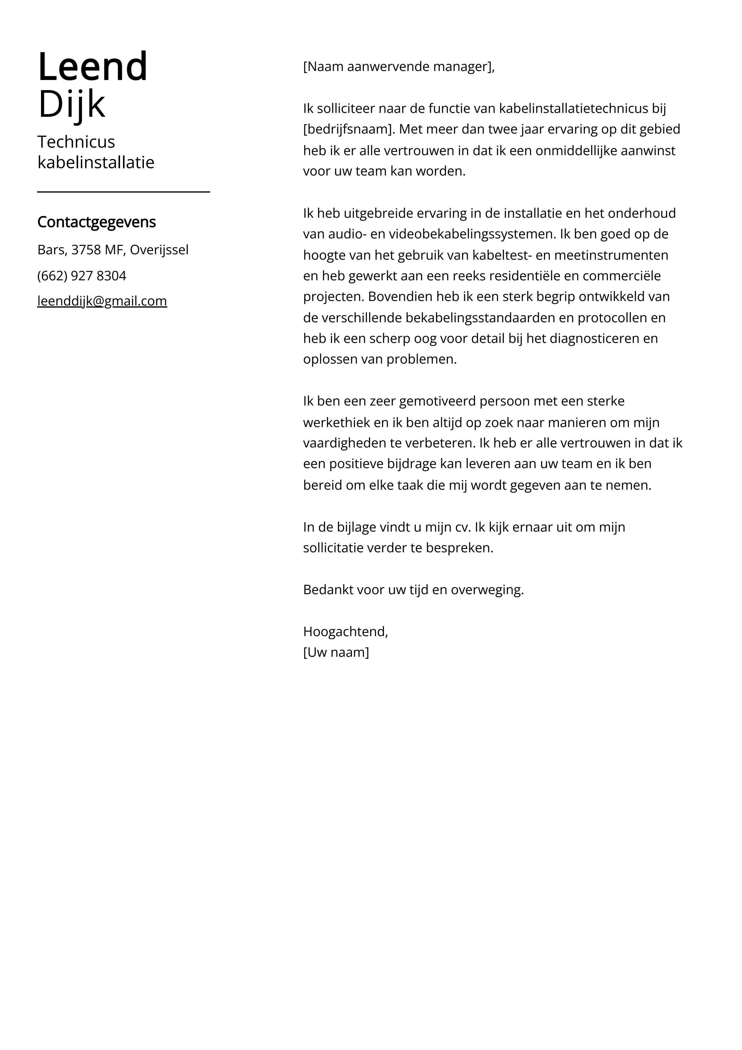 Technicus kabelinstallatie Cover Letter Voorbeeld