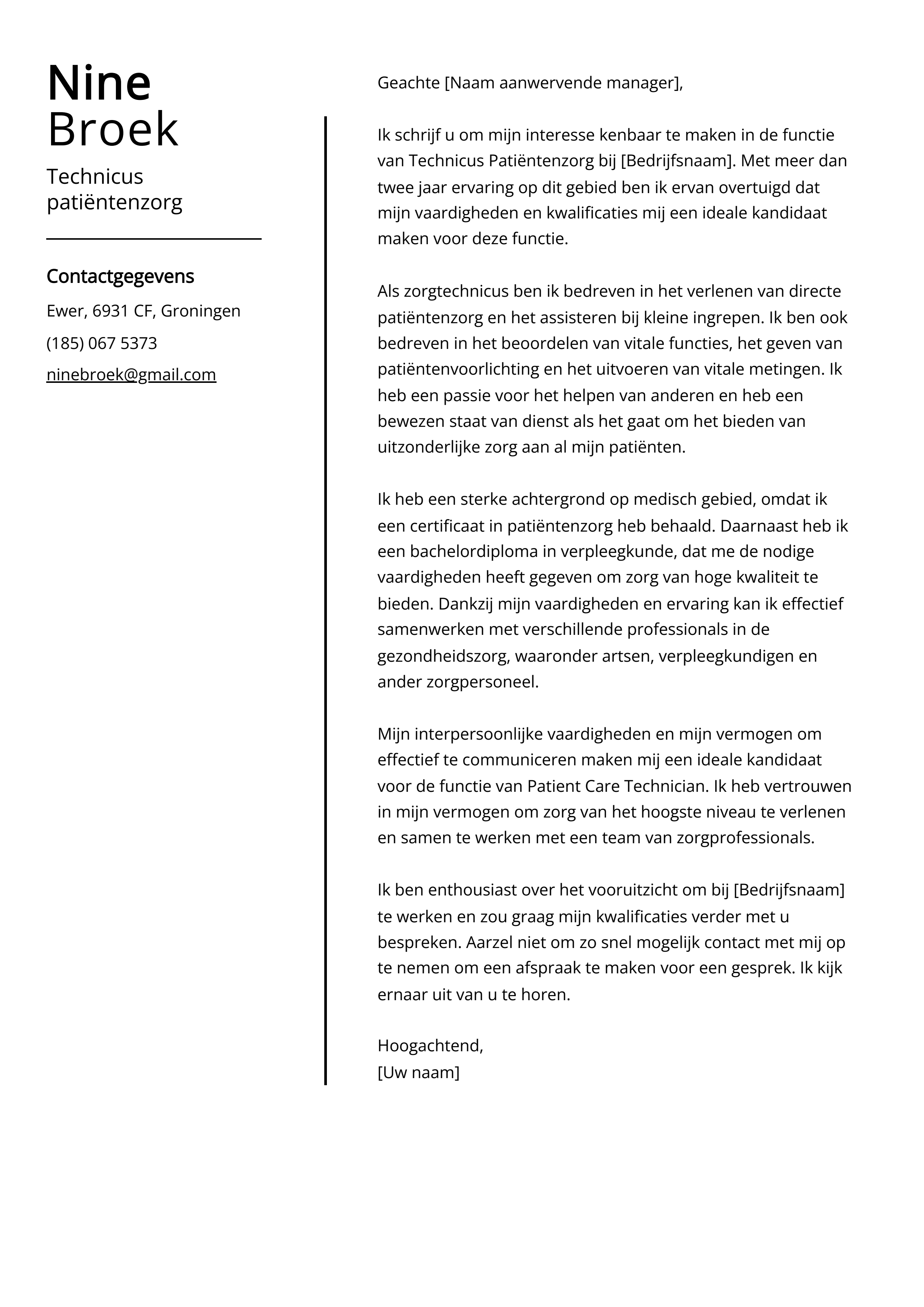 Technicus patiëntenzorg Cover Letter Voorbeeld