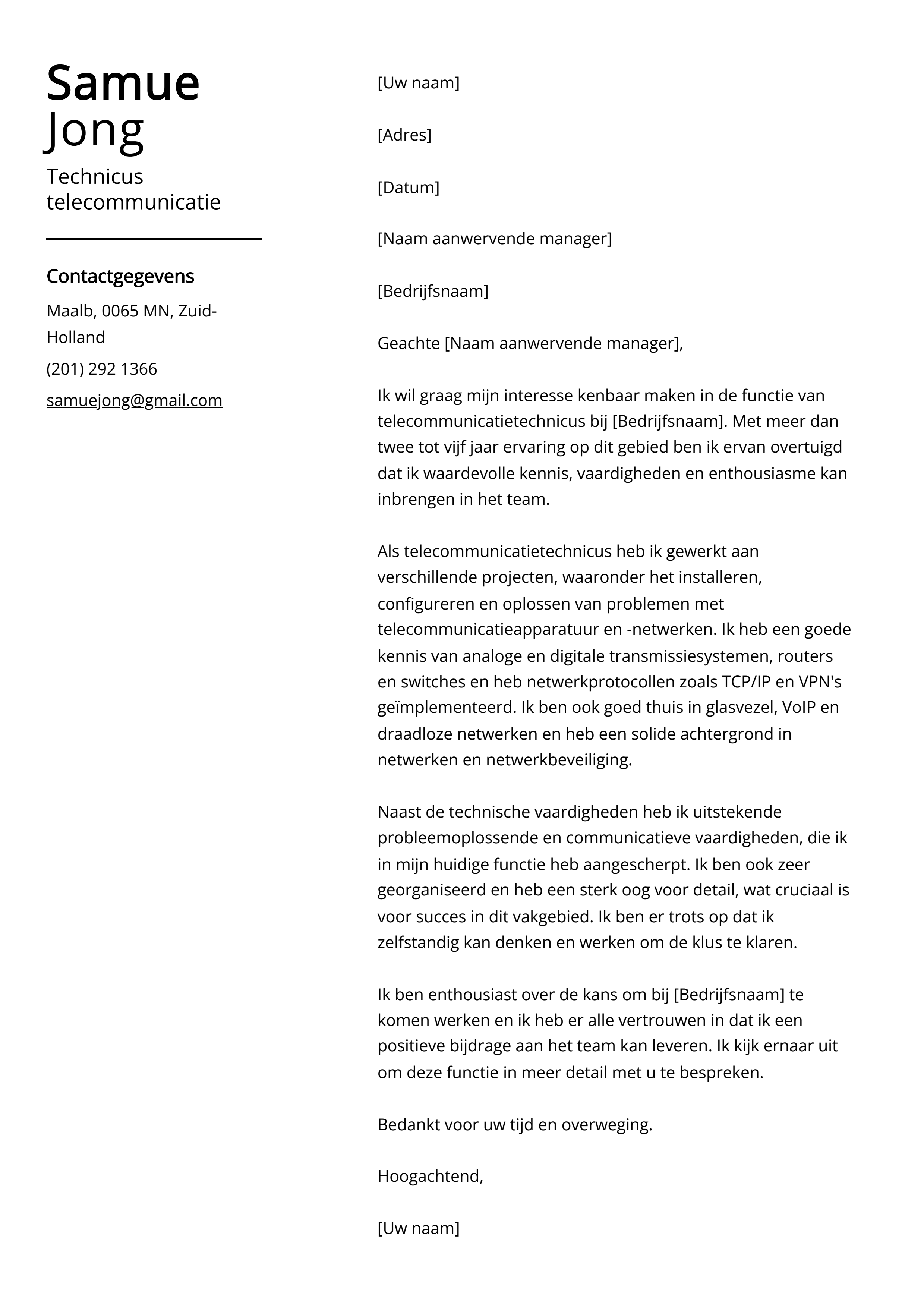 Technicus telecommunicatie Voorbeeld sollicitatiebrief