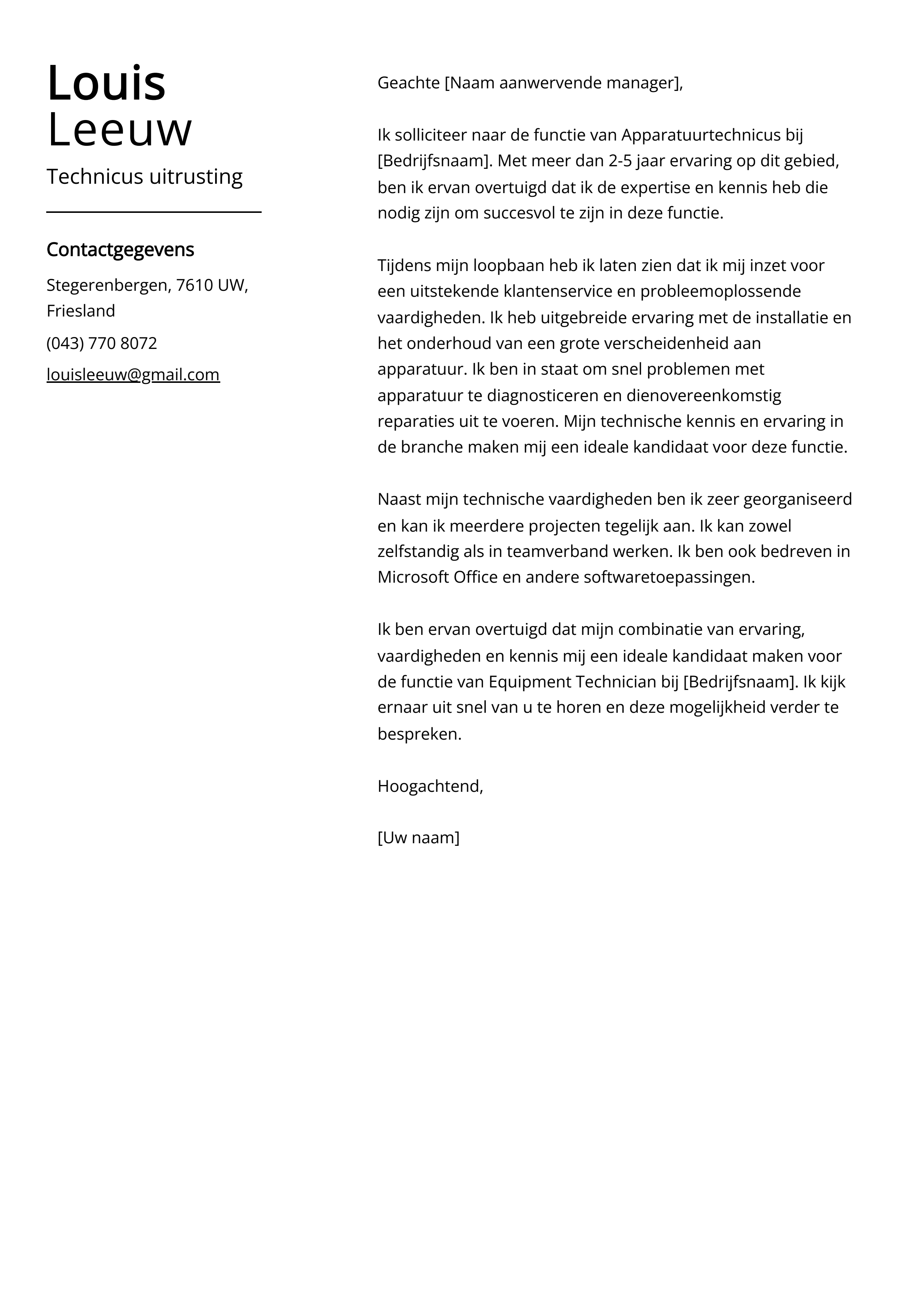 Technicus uitrusting Cover Letter Voorbeeld