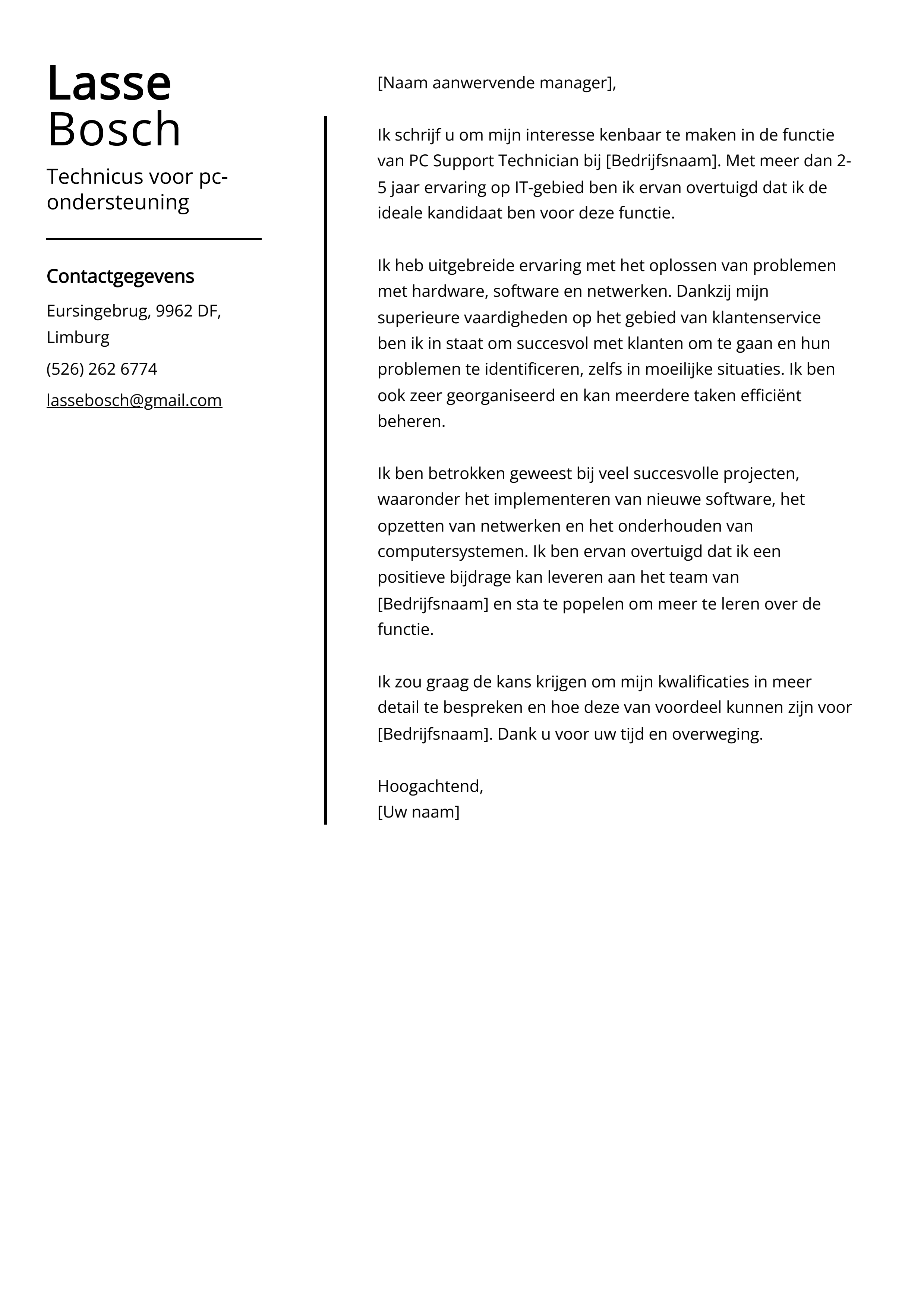 Technicus voor pc-ondersteuning Voorbeeld sollicitatiebrief