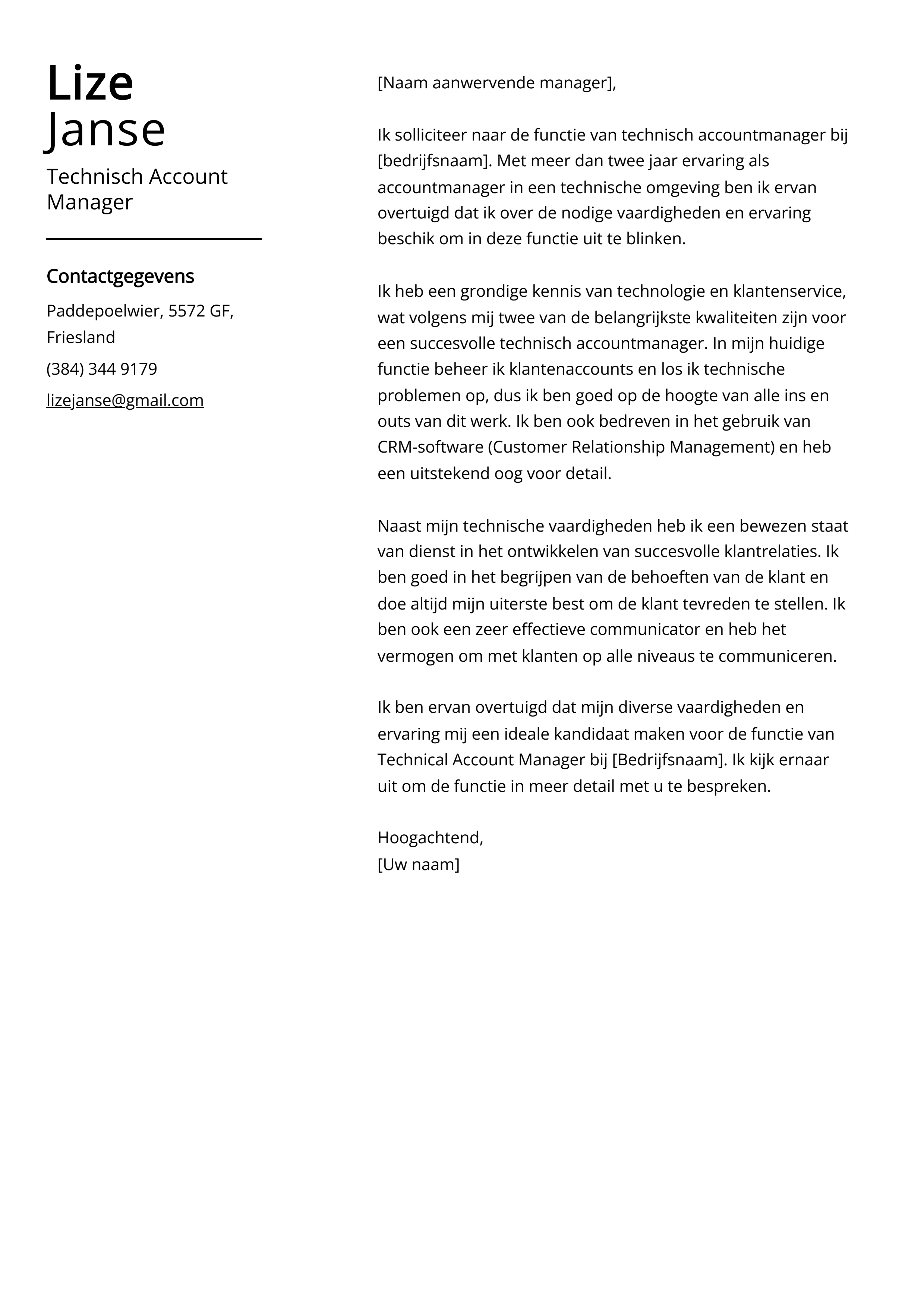 Technisch Account Manager Sollicitatiebrief Voorbeeld