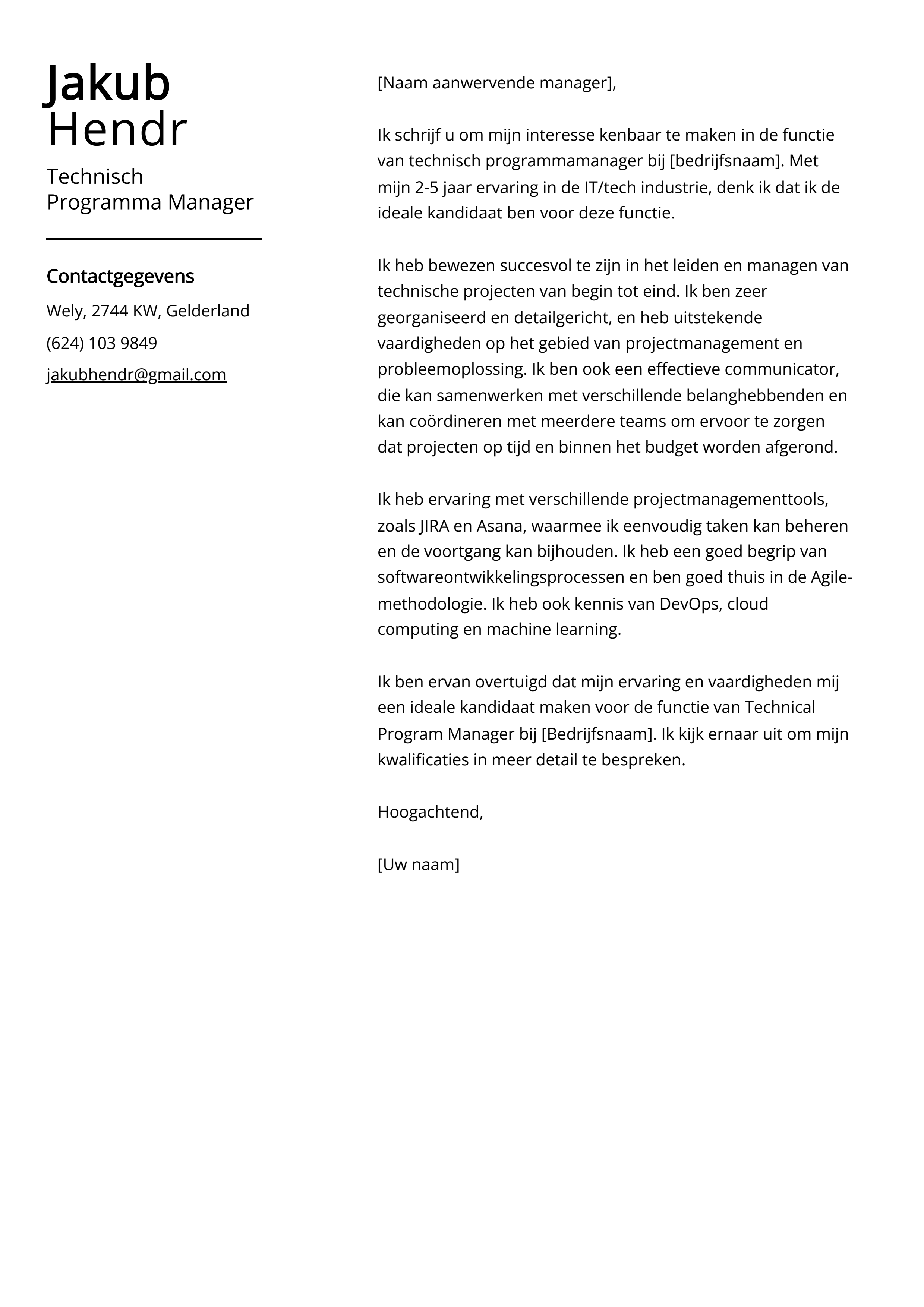 Technisch Programma Manager Cover Letter Voorbeeld