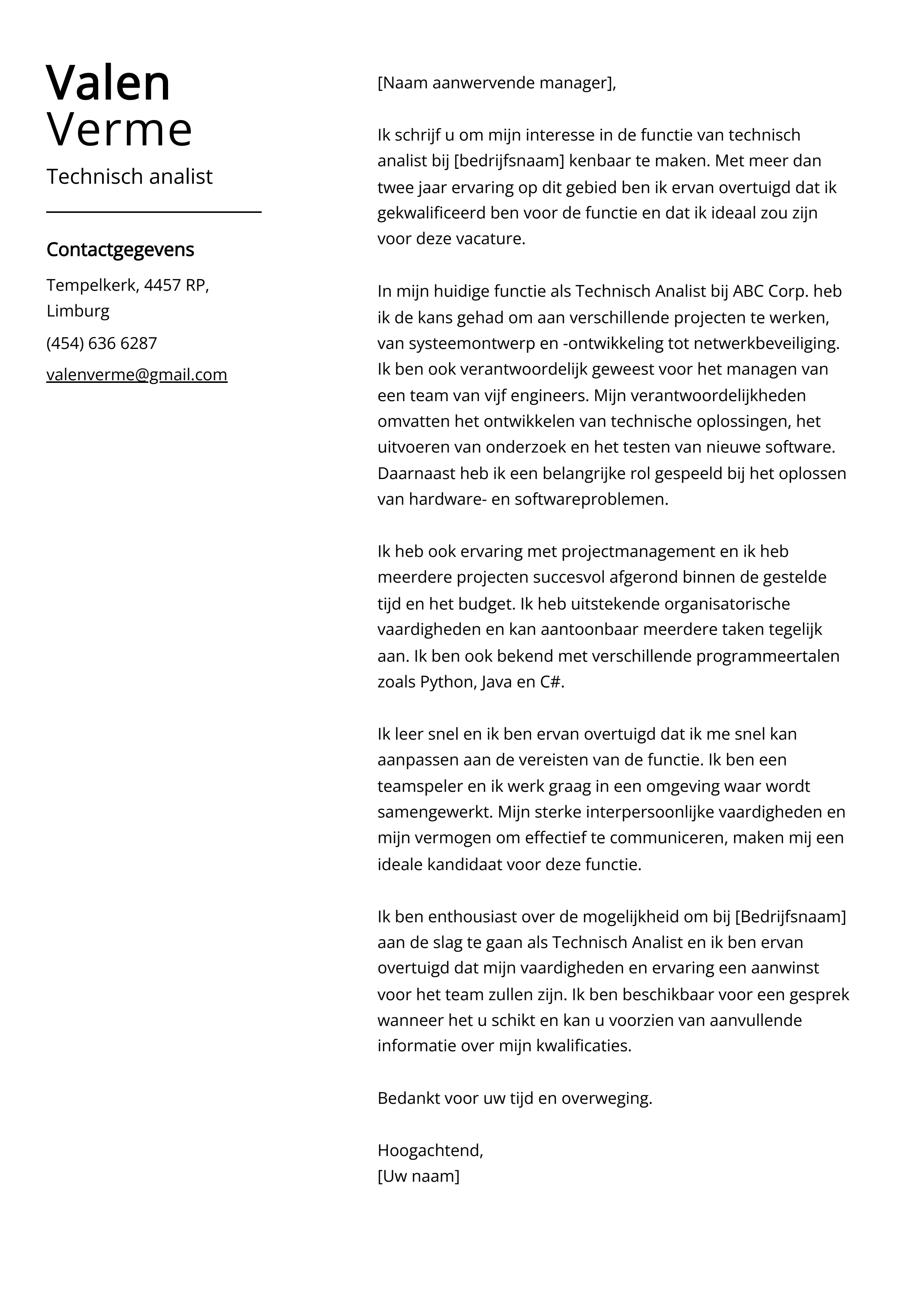 Technisch analist Cover Letter Voorbeeld