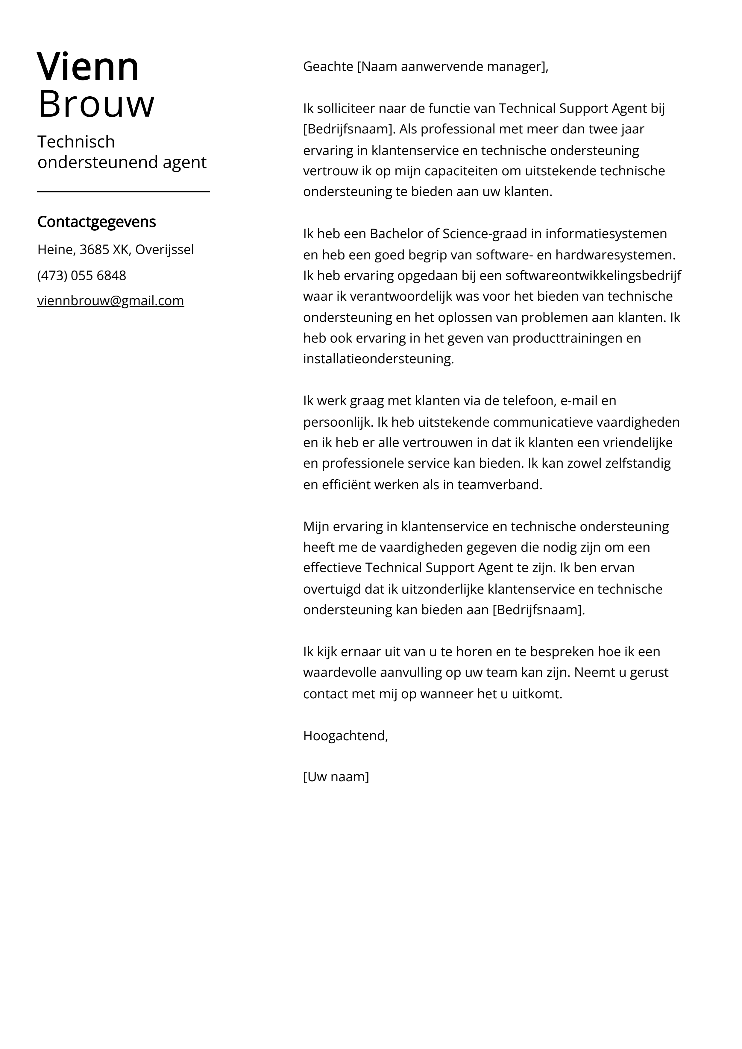 Technisch ondersteunend agent Voorbeeld sollicitatiebrief