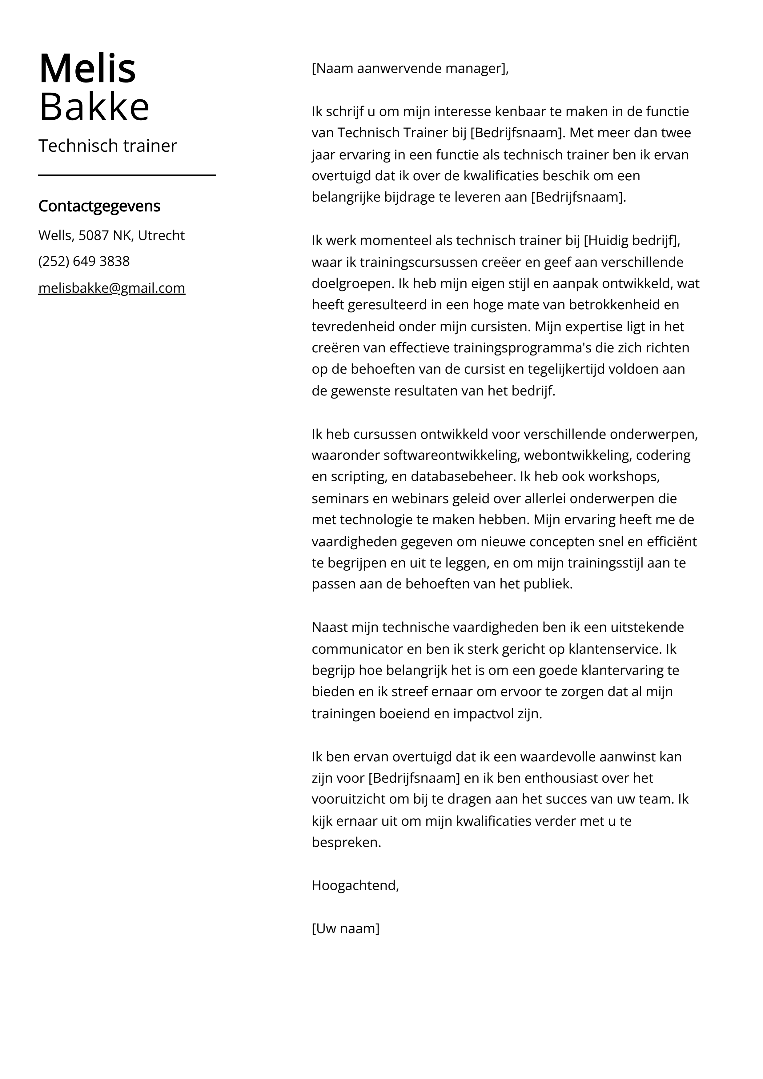 Technisch trainer Voorbeeld sollicitatiebrief