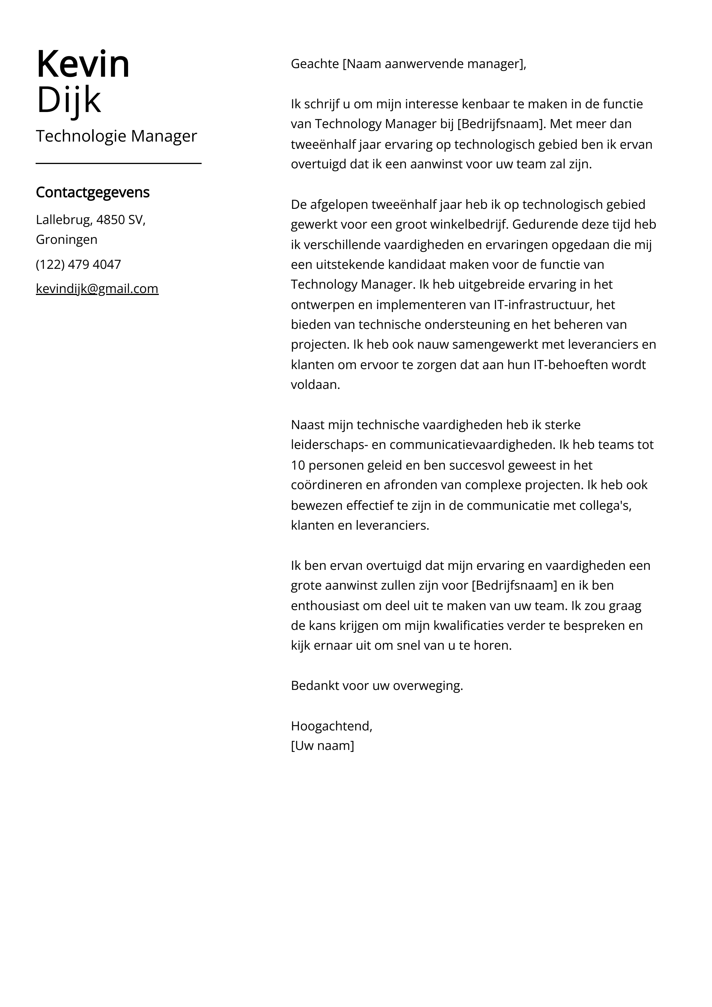 Technologie Manager Sollicitatiebrief Voorbeeld