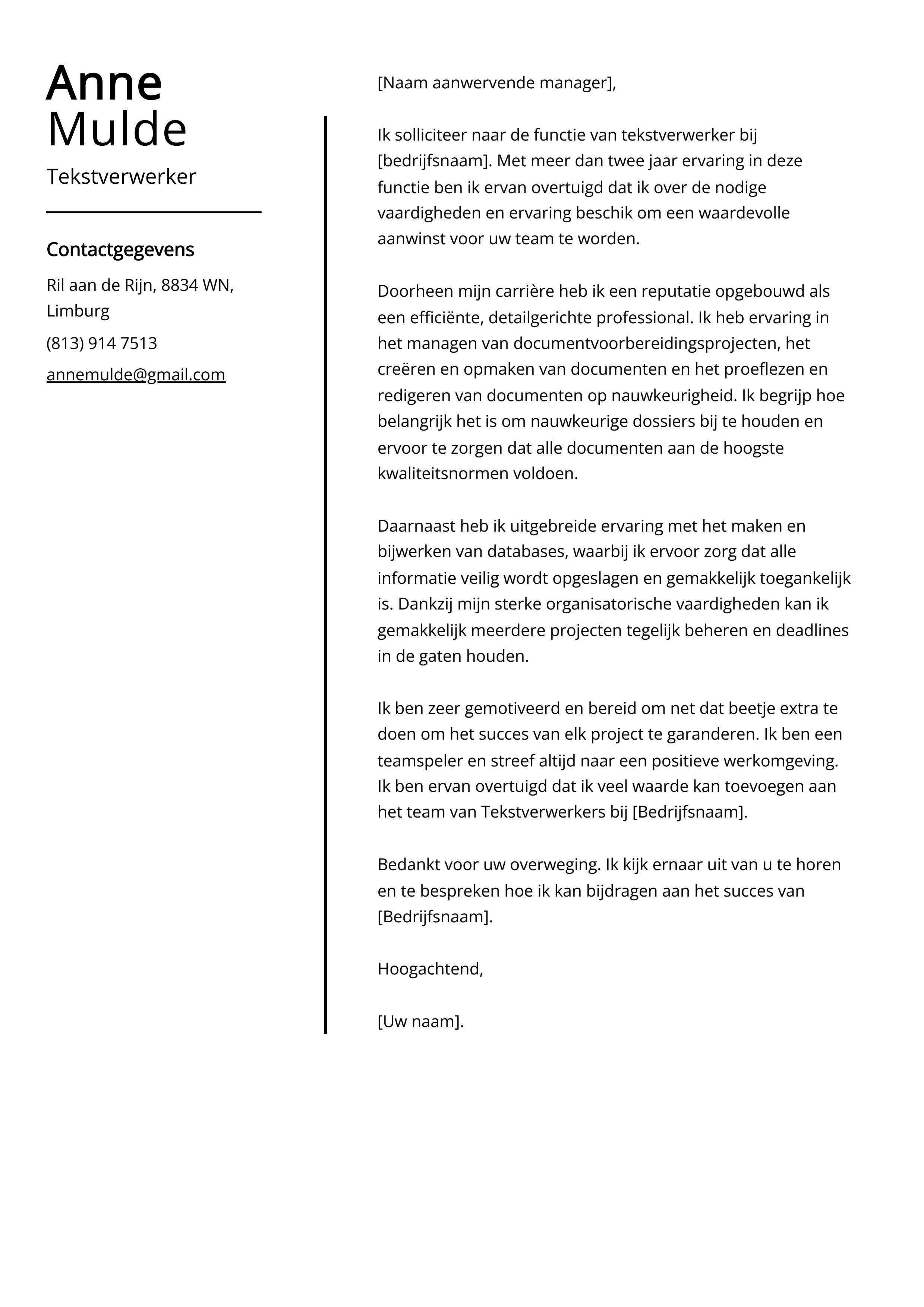 Tekstverwerker sollicitatiebrief voorbeeld