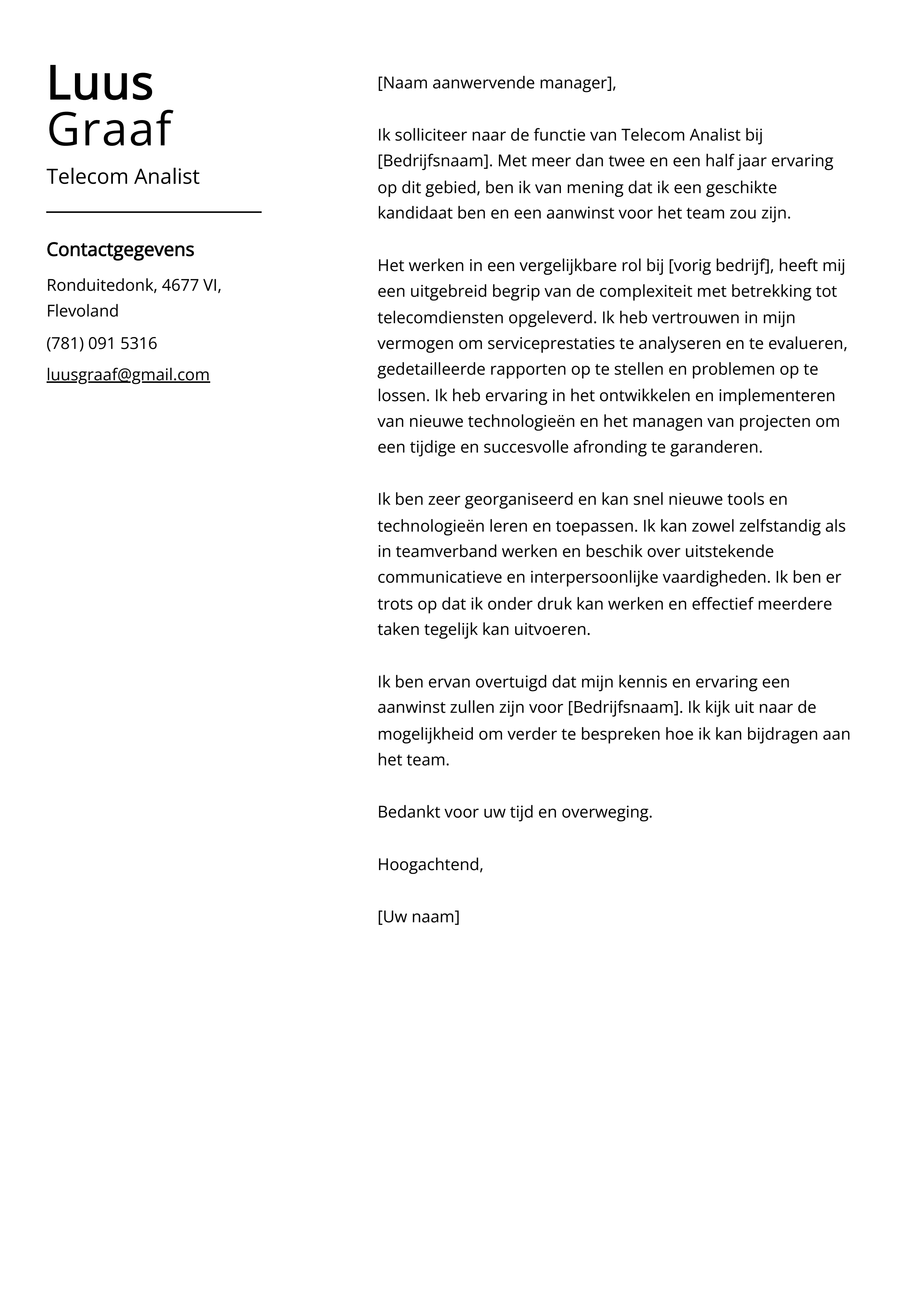 Telecom Analist Sollicitatiebrief Voorbeeld