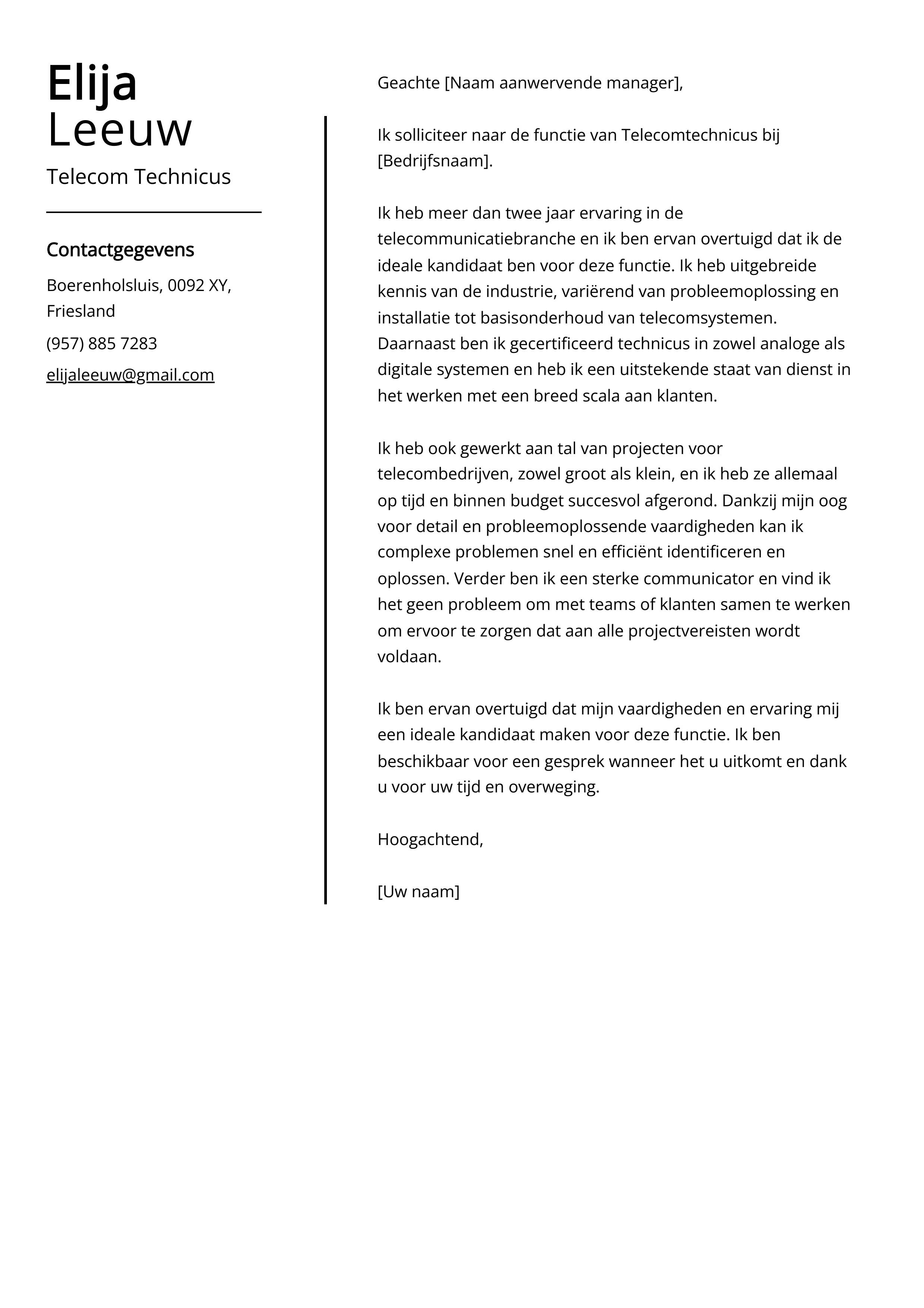 Telecom Technicus Sollicitatiebrief Voorbeeld