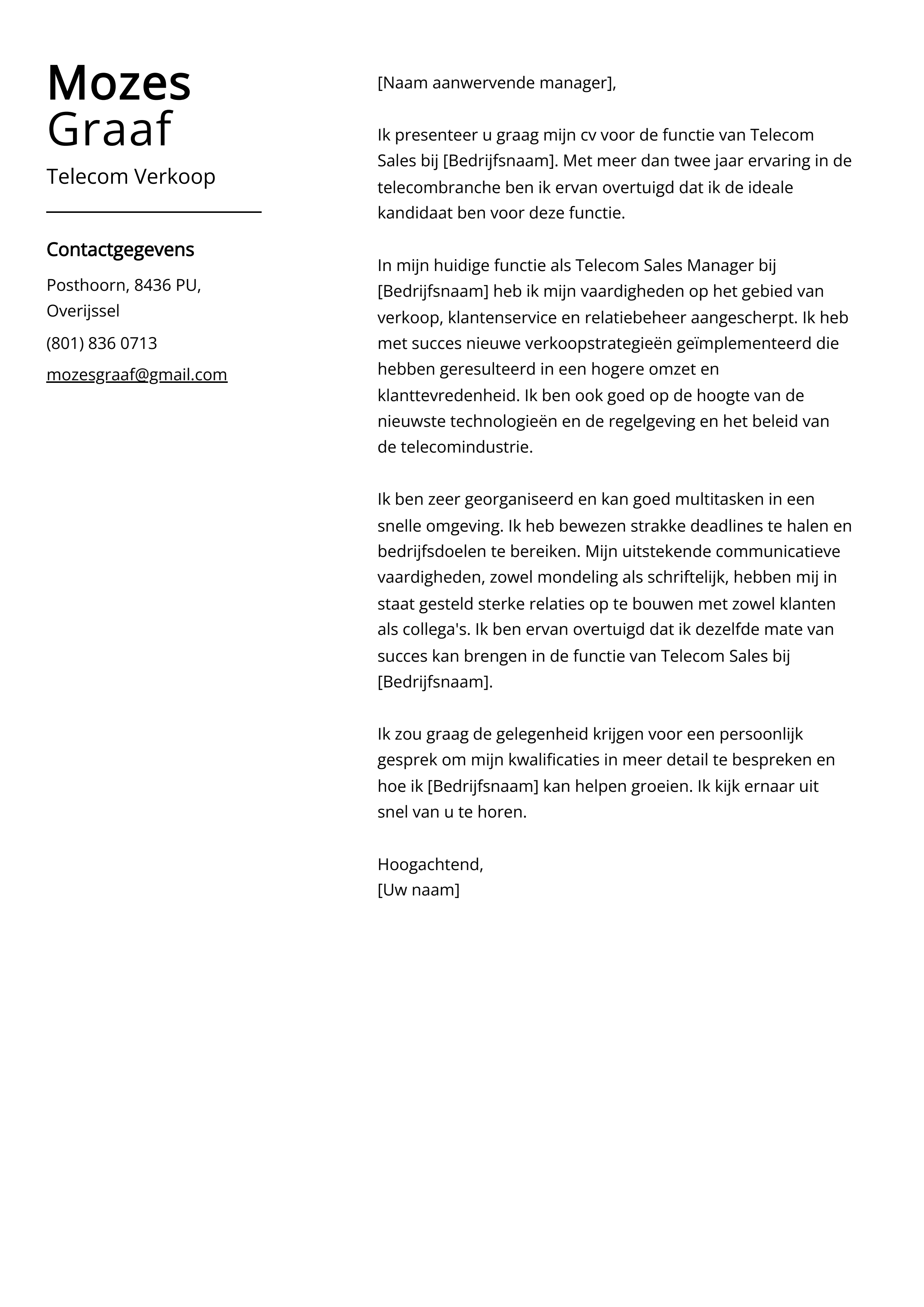 Telecom Verkoop Cover Letter Voorbeeld