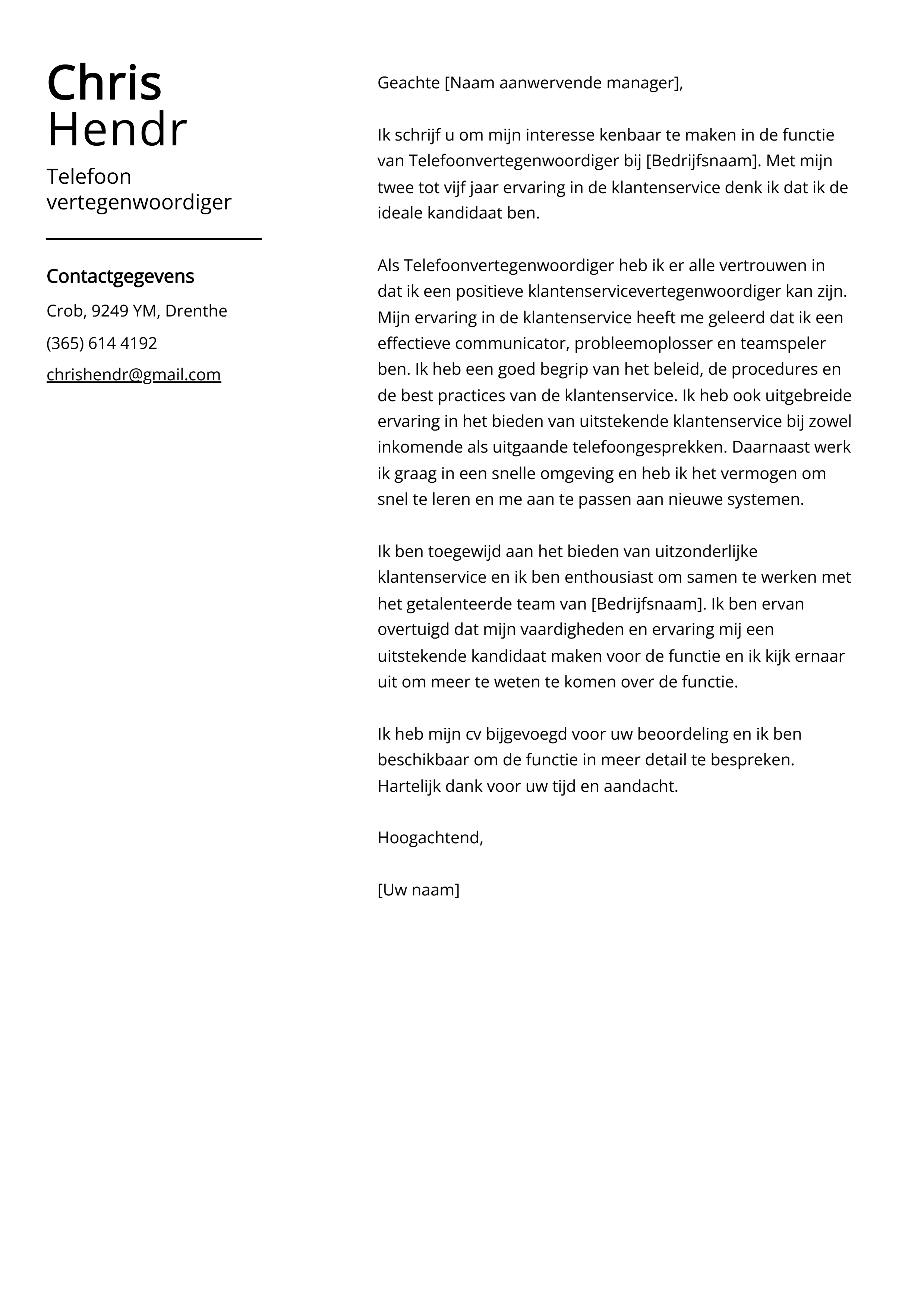 Telefoon vertegenwoordiger Cover Letter Voorbeeld