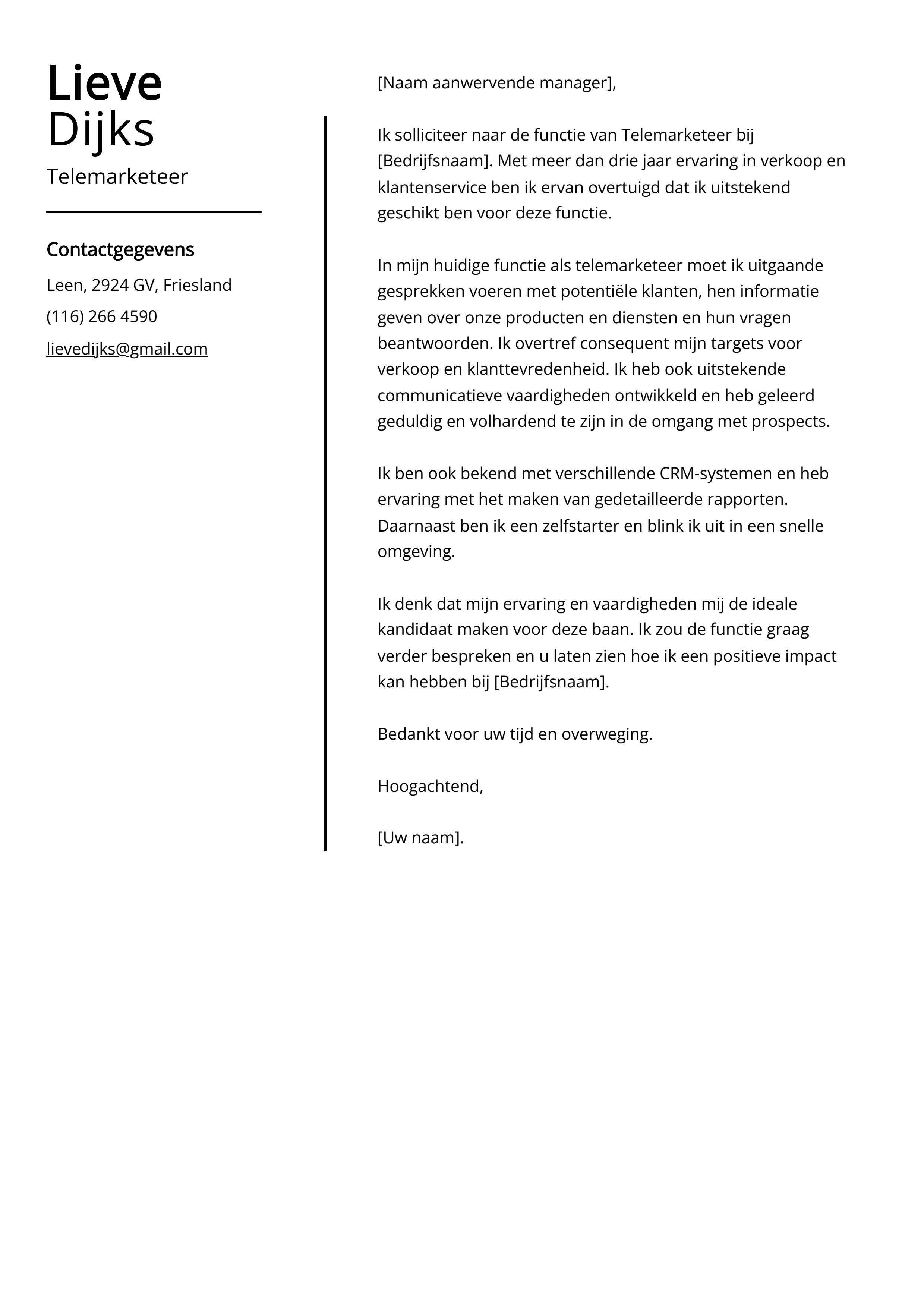 Voorbeeld sollicitatiebrief telemarketeer