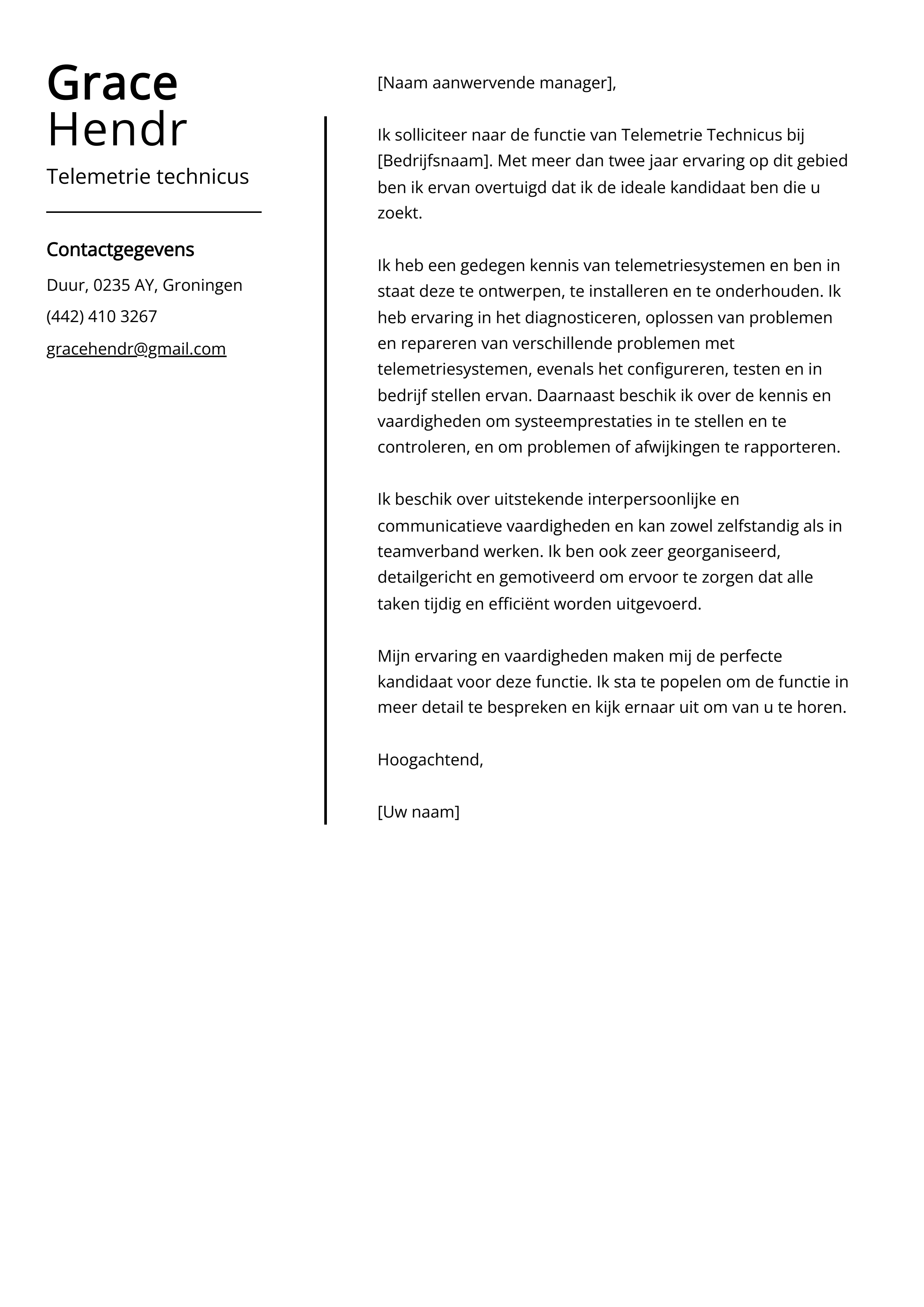 Telemetrie technicus Voorbeeld sollicitatiebrief