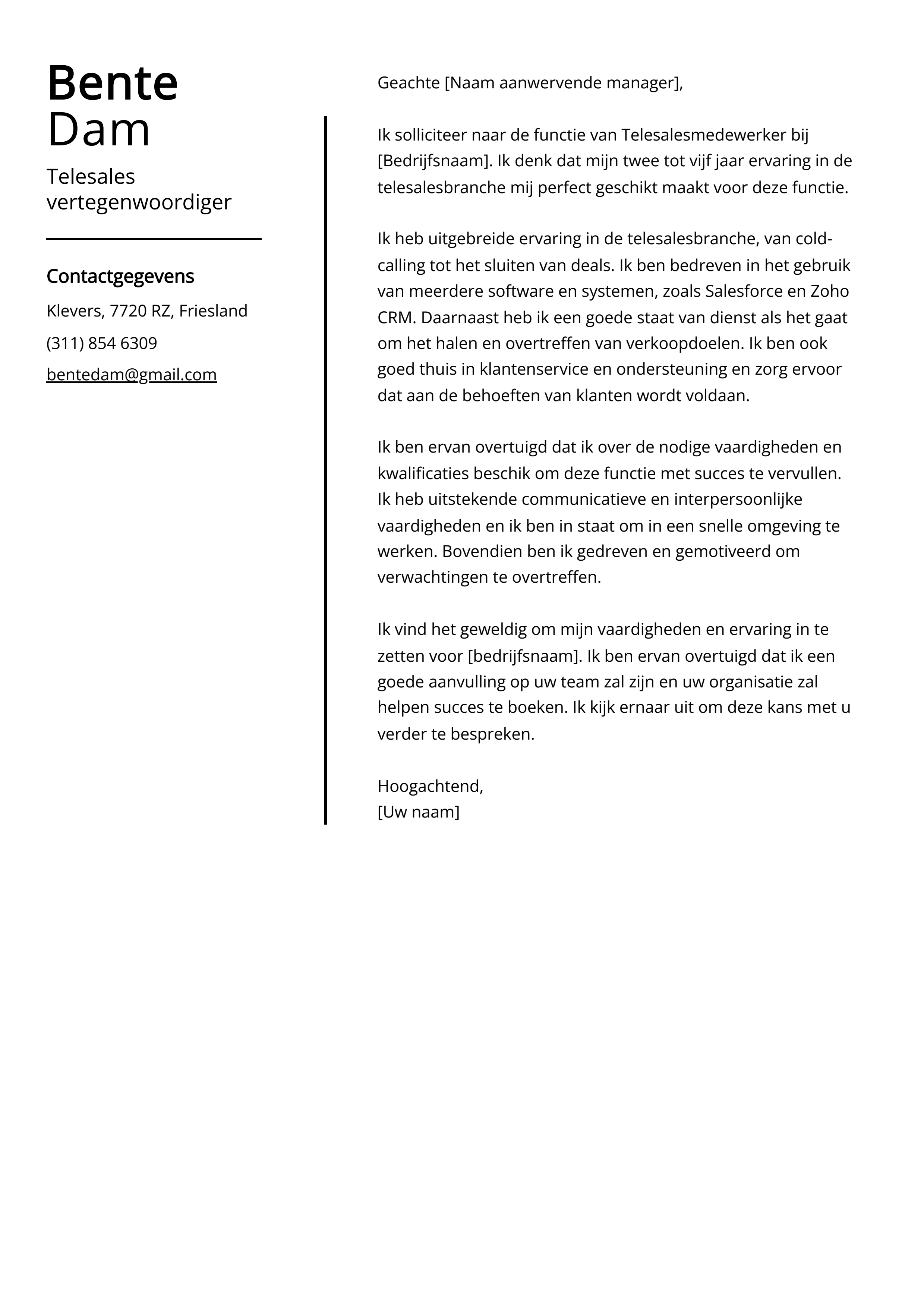 Telesales vertegenwoordiger Cover Letter Voorbeeld