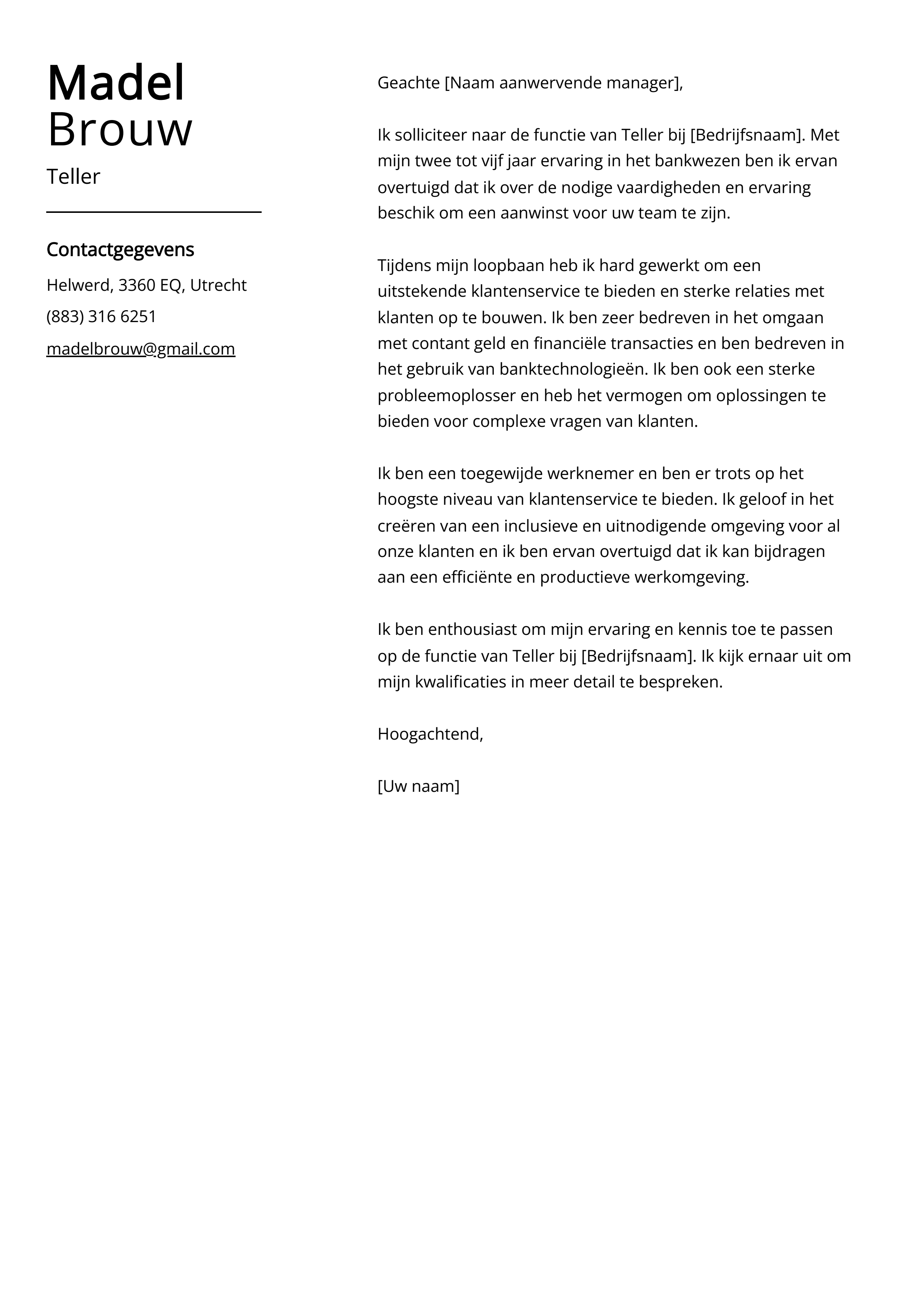 Teller Voorbeeld sollicitatiebrief