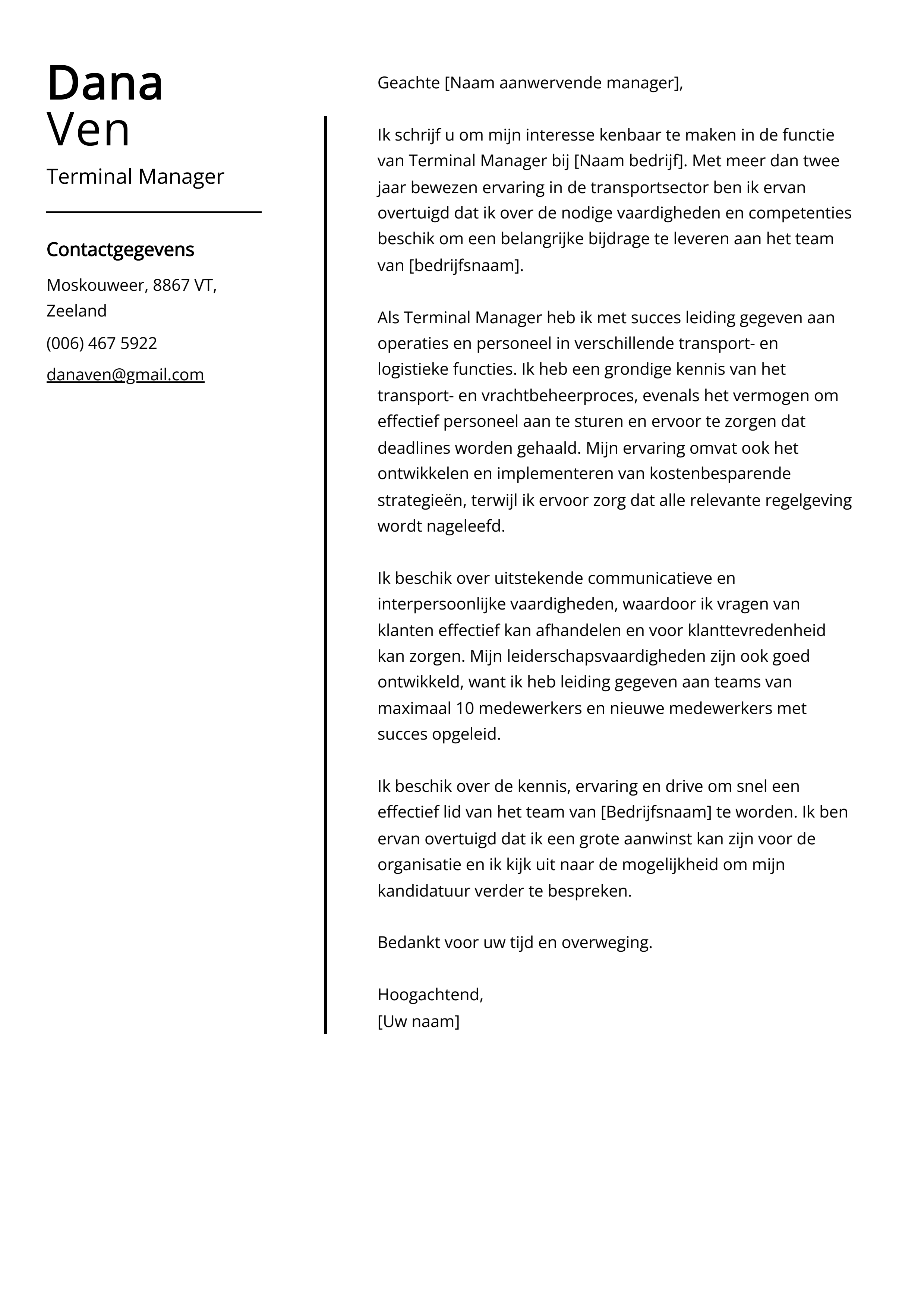 Terminal Manager Voorbeeld sollicitatiebrief