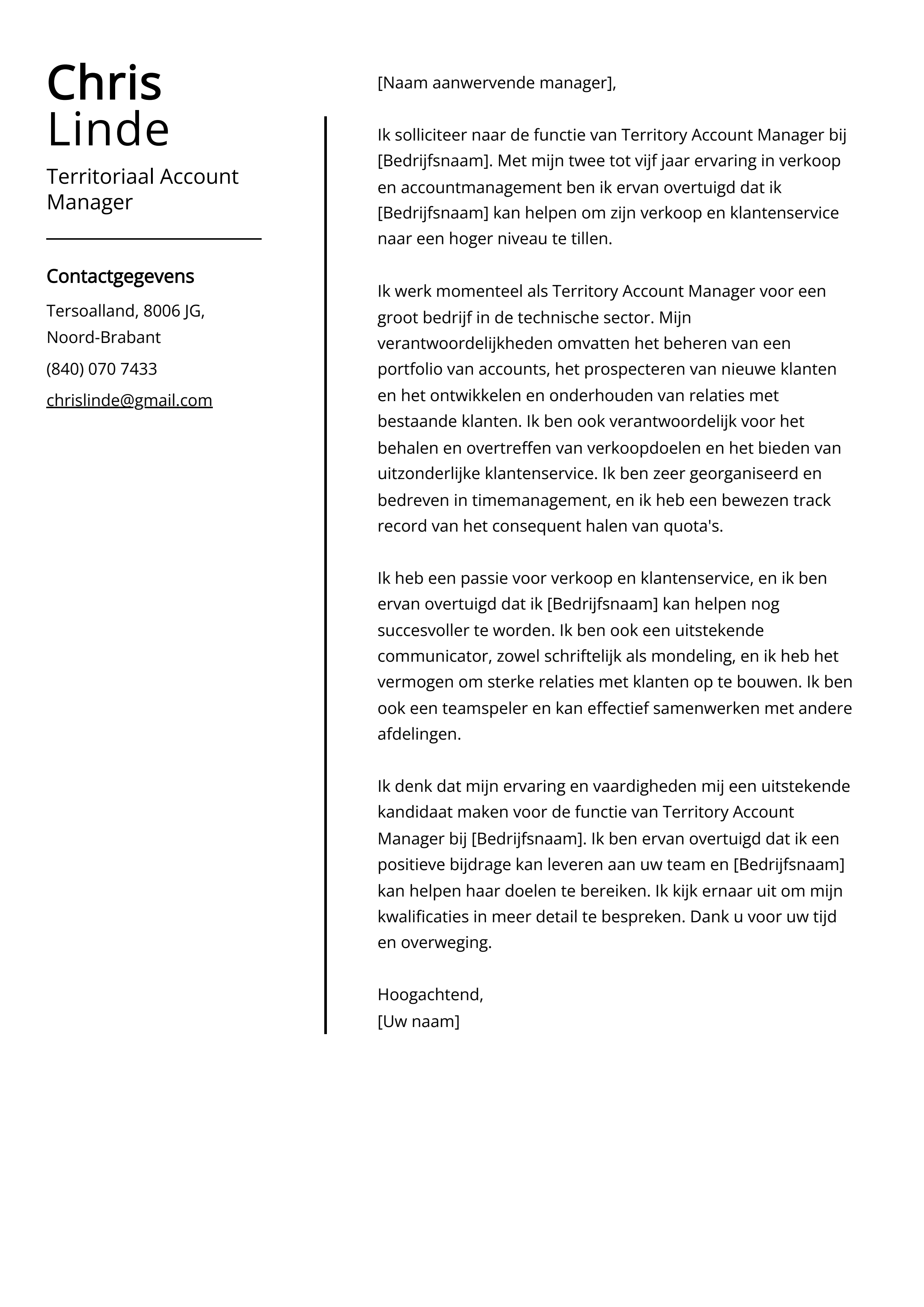 Territoriaal Account Manager Voorbeeld sollicitatiebrief