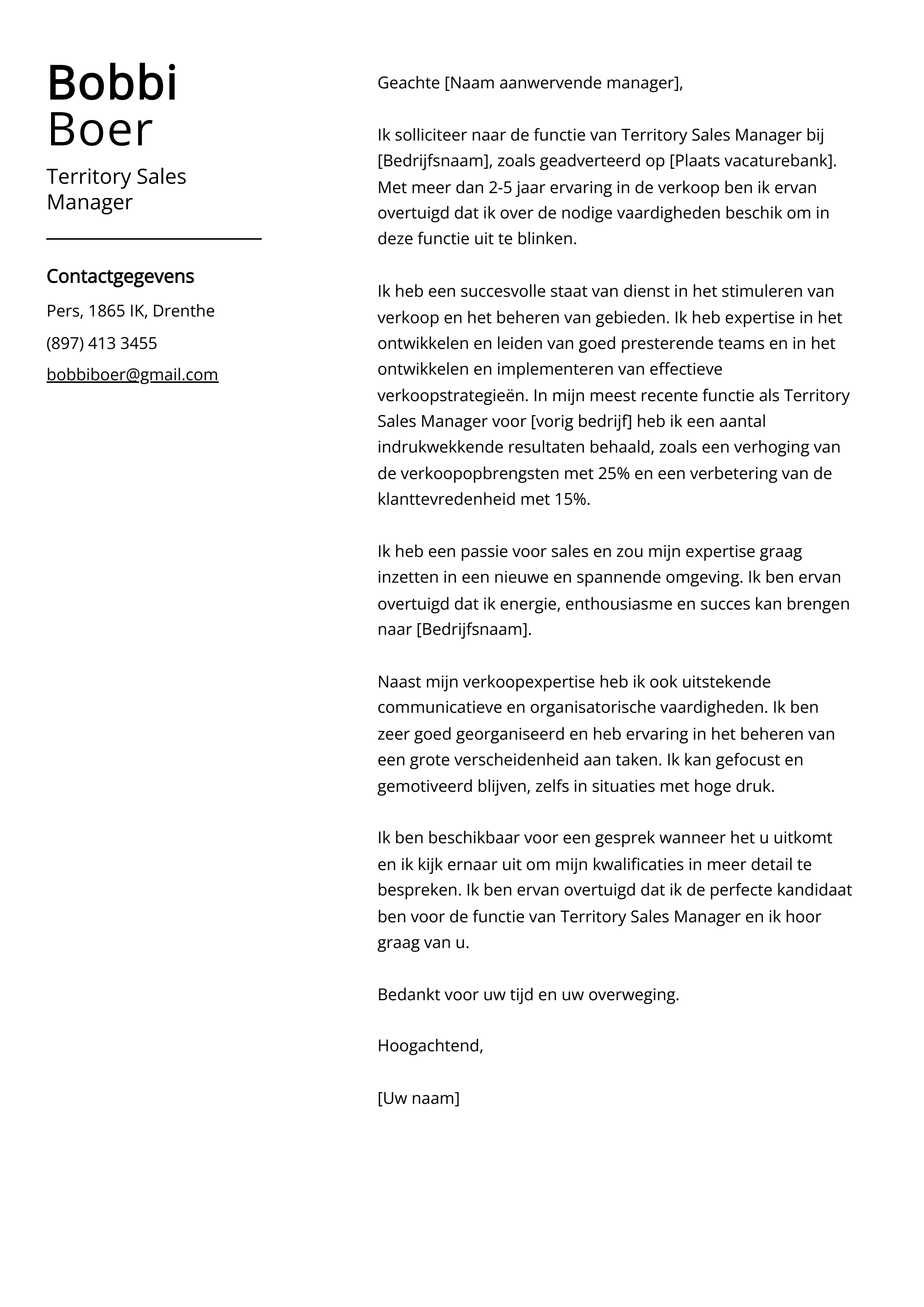 Territory Sales Manager Voorbeeld sollicitatiebrief