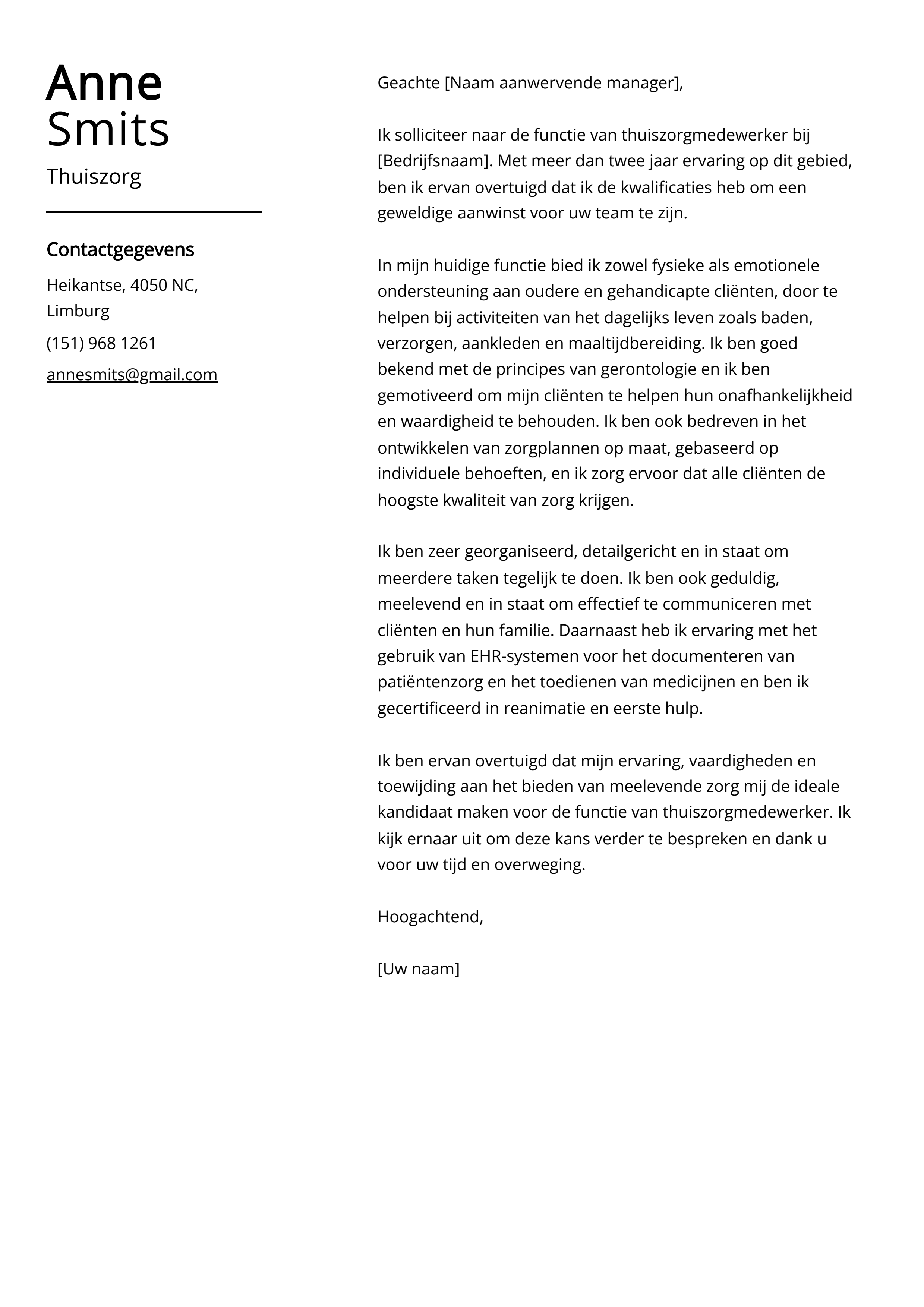 Thuiszorg Sollicitatiebrief Voorbeeld